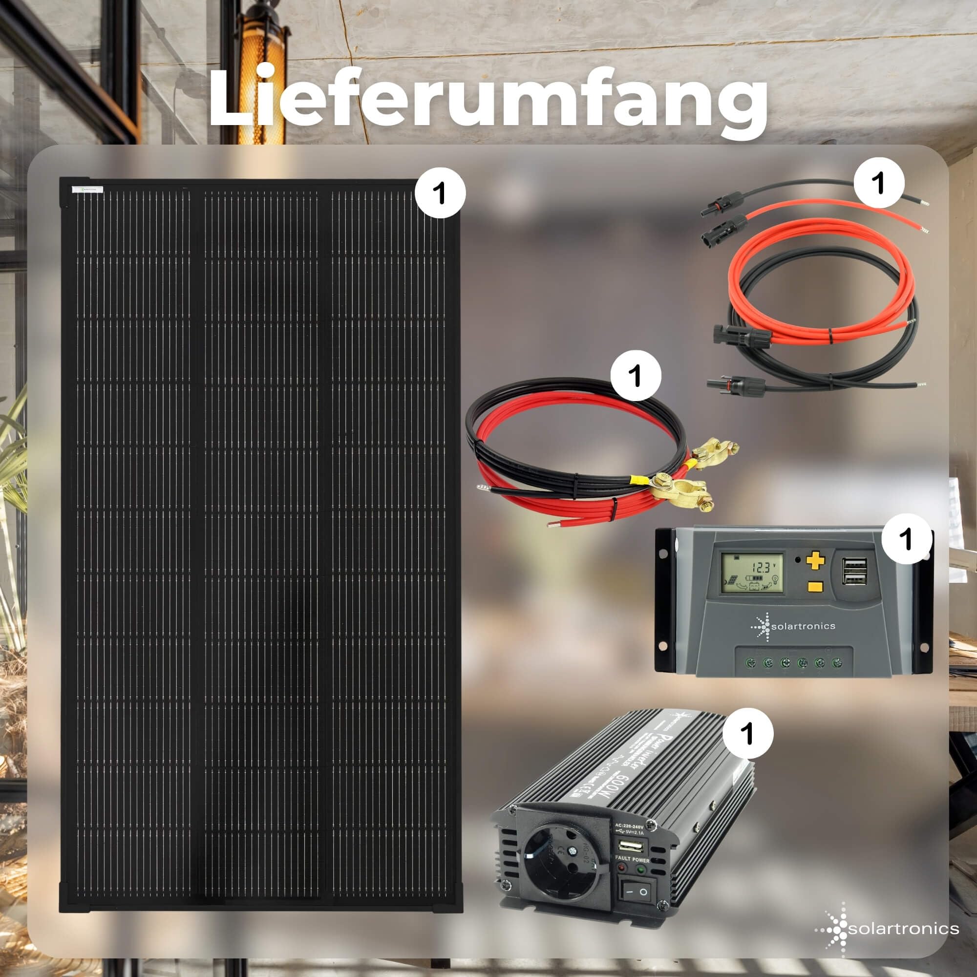 SOLARTRONICS Komplettset 1x120 Watt Solarmodul 1070x580x35, NM 600 Watt Wandler 10A Laderegler Photovoltaik Inselanlage