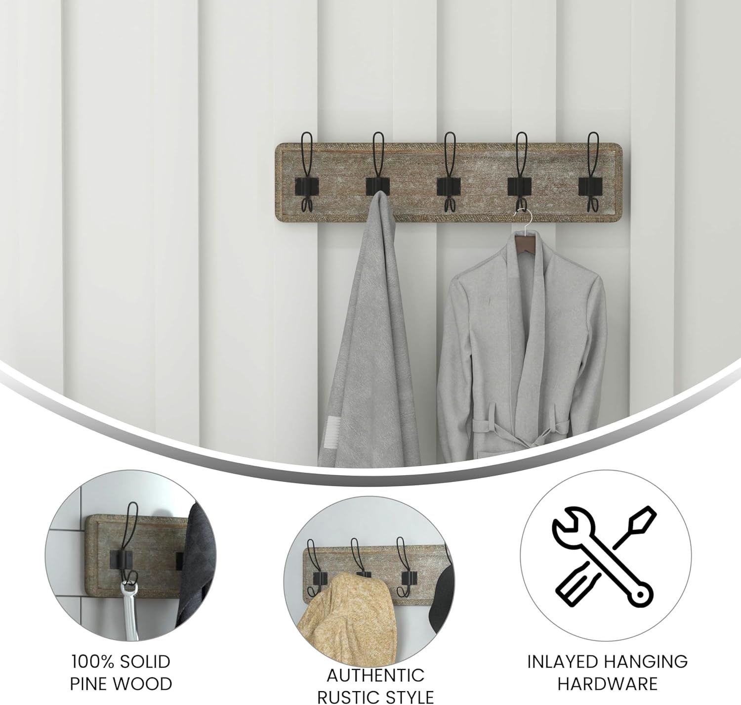 Flash Furniture Daly Wall Mounted Storage Rack - Weathered Solid Pine Wood - 24 Inch - 5 Hanging Hooks - For Entryway, Kitchen, Bathroom