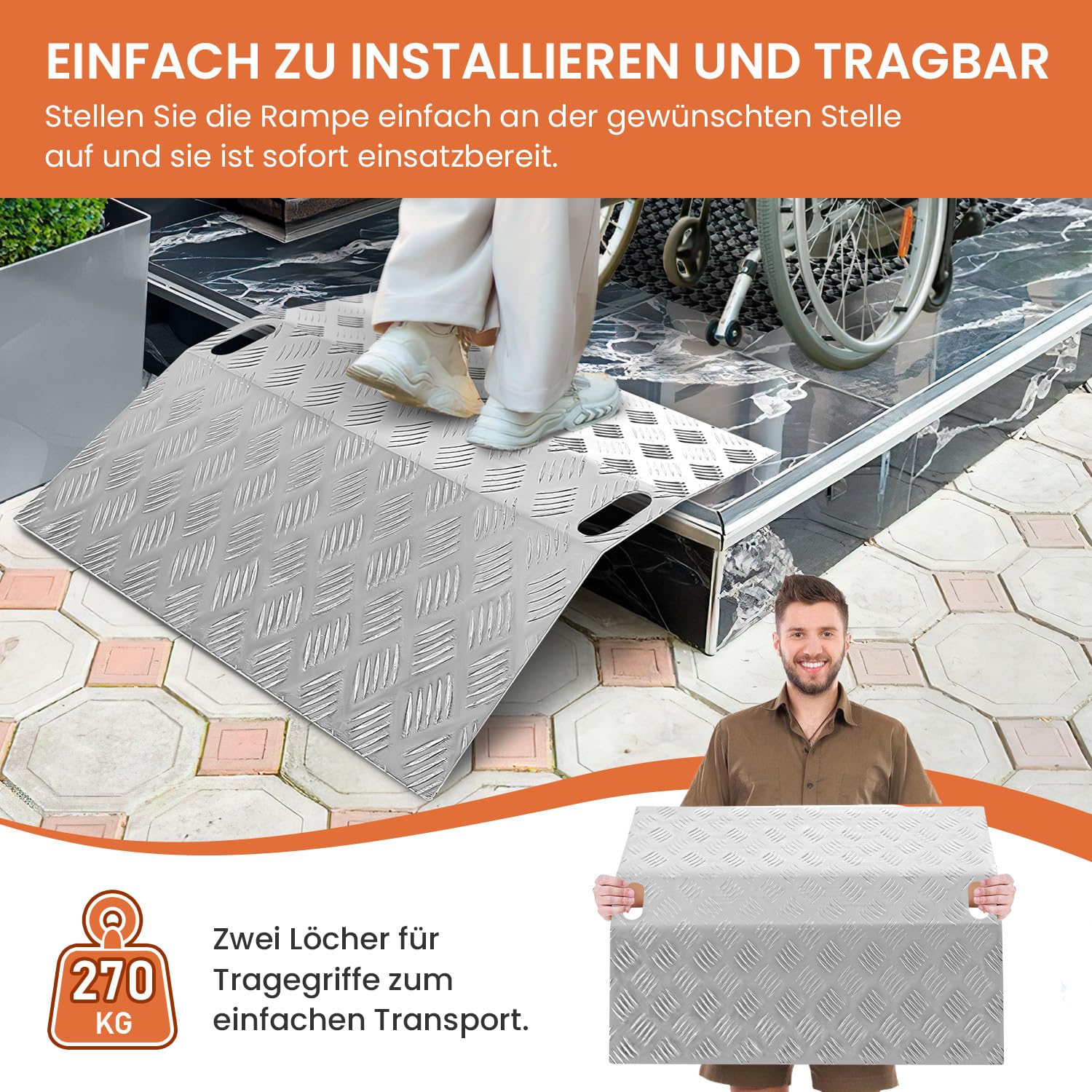 Rampa progowa, rampa aluminiowa, obciążenie 270 kg, rampa dla wózków inwalidzkich, antypoślizgowa, z uchwytem, 60 x 70 x 10 cm