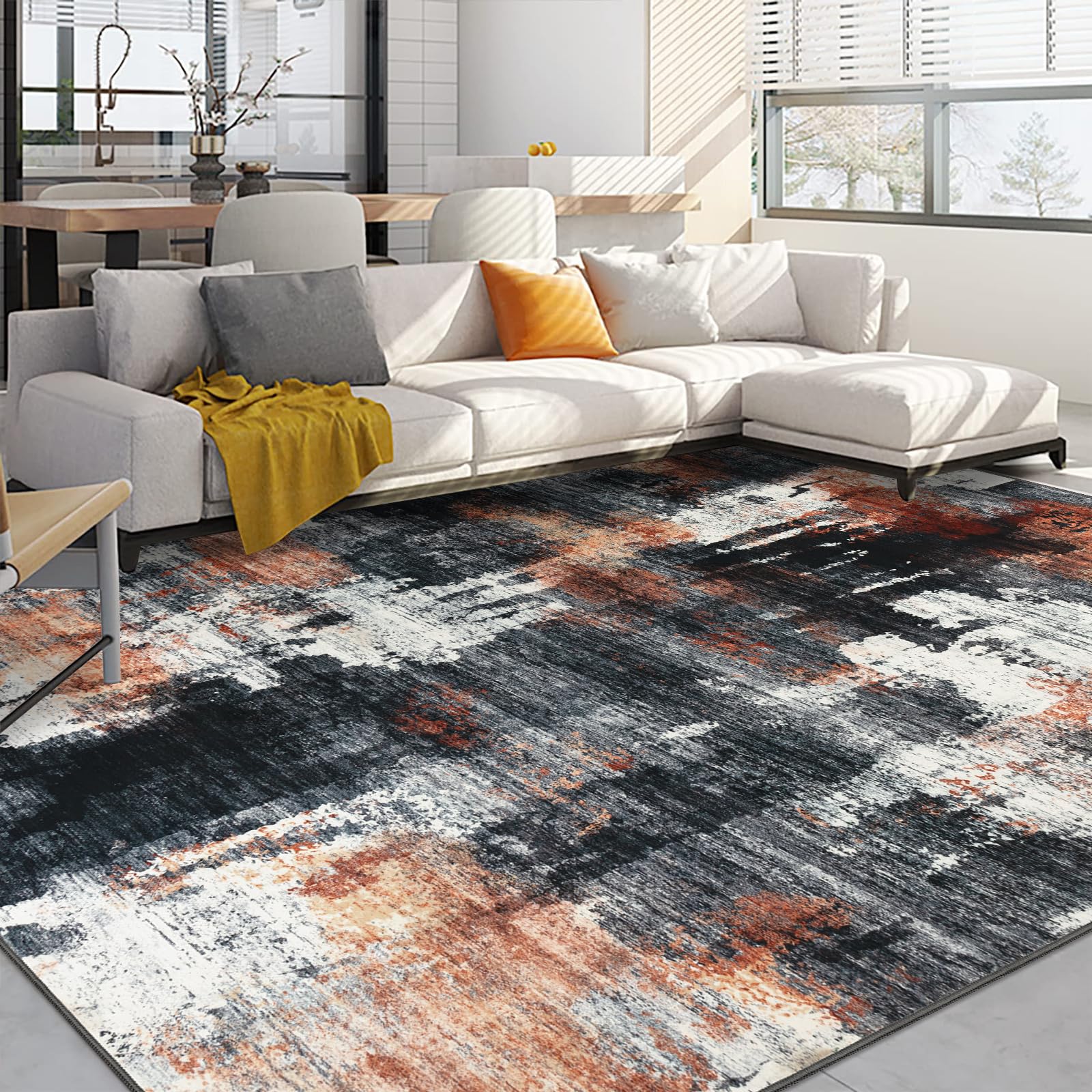 Capslpad 200x300cm Large Modern Abstract Rugs Living Room Non-slip Area Rug Short Pile Faux Wool Bedroom Carpet Lightweight Washable Minimalist Floor Carpet for Living Room Bedroom Office Decor, Black