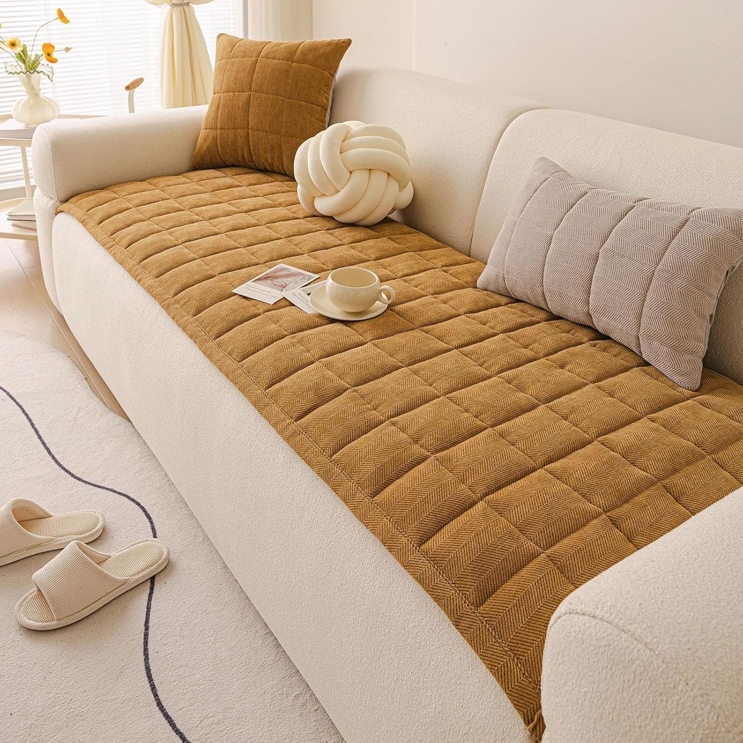Housse de canapé universelle en velours côtelé jaune 70x210 cm
