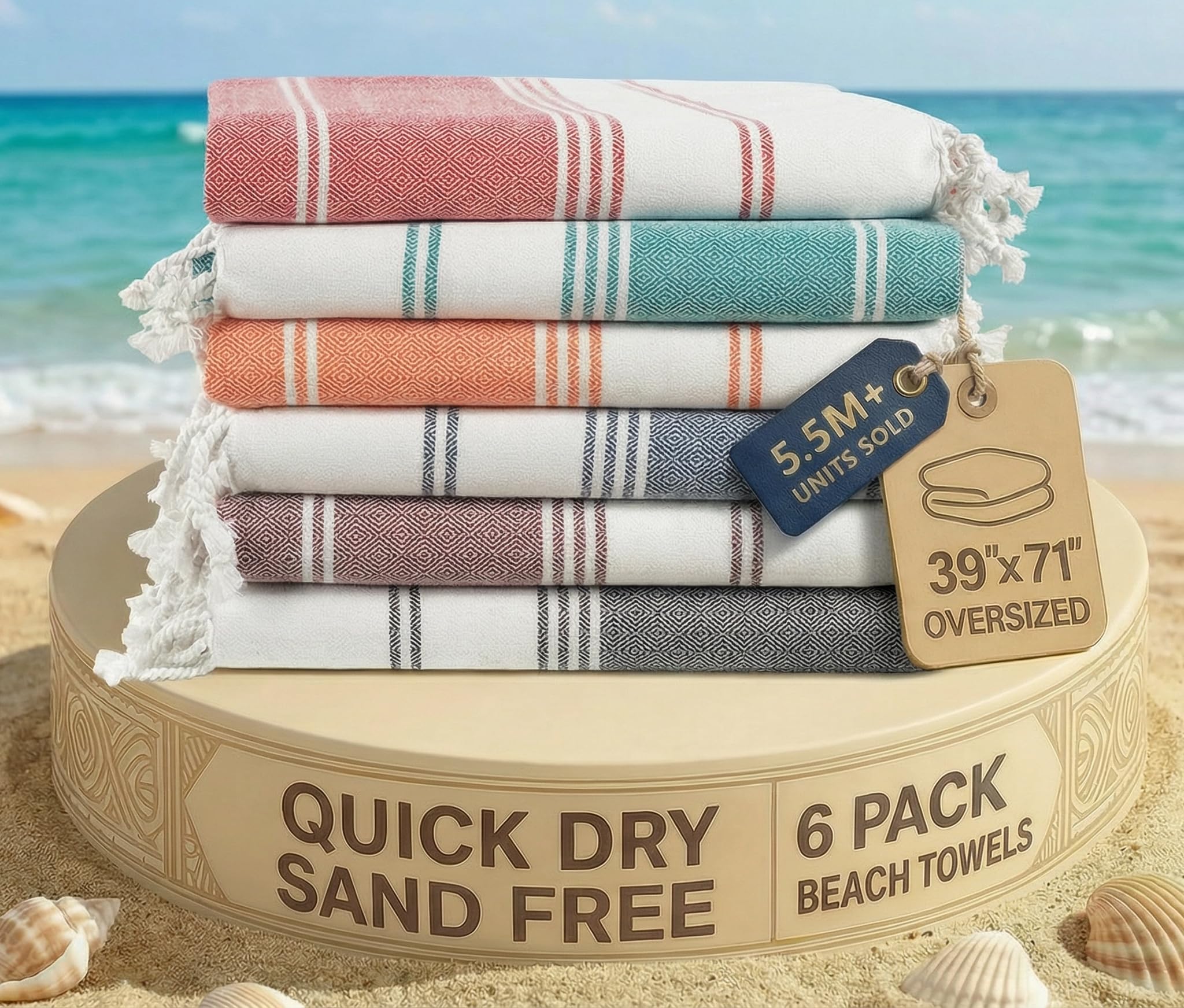 LANE LINEN Beach Towels 6 Pack, Cotton Rich Oversized Towel, Pre-Washed, Stylish Pool Towels For Adults, Quick Dry, Sand Free Lightweight Travel Towel, 39"x71" - Multi Colors — image 1
