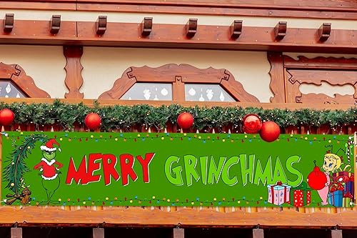 Miniatura 10 de Nepnuser Cartel de bienvenida a Whoville para colgar en la valla de Navidad con diseño de Grinchmas de invierno para fiestas, decoración de Navidad,