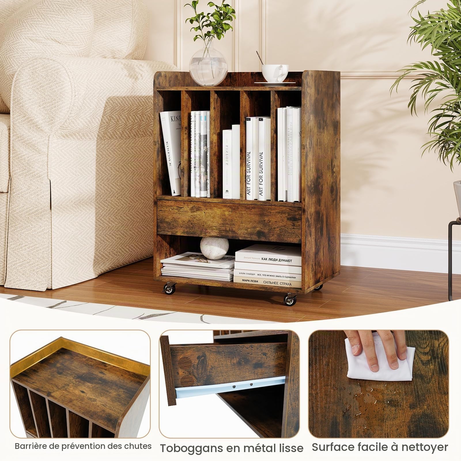 KOMFOTTEU Meuble Platine Vinyle avec roulettes, Meuble Tourne-Disque, 5 Compartiments, Tiroir, Étagère inférieure et Crochets, Armoire pour jusqu'à 180 Albums, 52 x 35,5 x 73 cm (Marron)