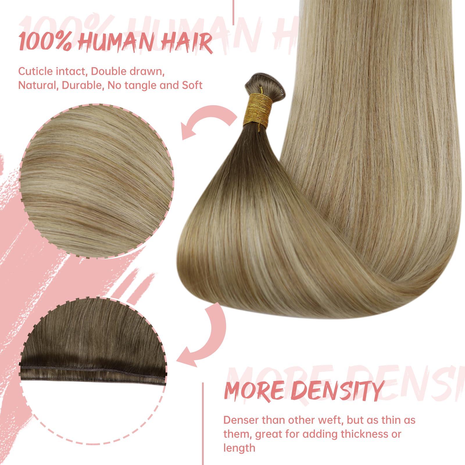 Fshine Extension Capelli Veri Matassa Castano Medio Che Sfuma Nel Biondo E Nel Biondo Extension Capelli Remy 40cm 50g Extension Cucite Capelli Veri Ultra Sottile #6/27/60