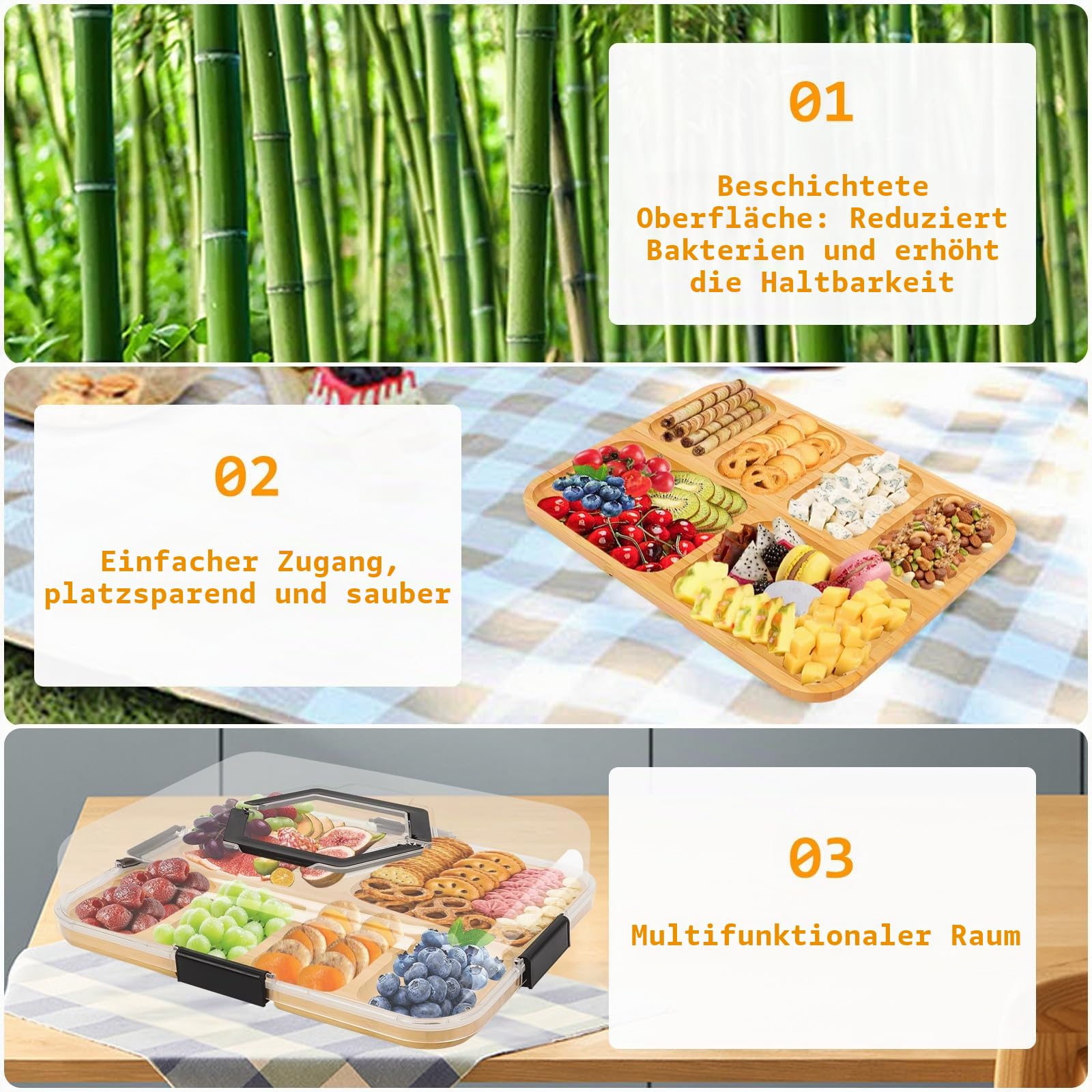 Geteiltes Serviertablett, Tragbar snackbox Organizer, 6/5 FächernBrett mit transparentem Deckel und Griff Snackbox, Reise Charcuterie Auslaufsicherer Snackteller Organizer für Nüsse (6 Fächer)