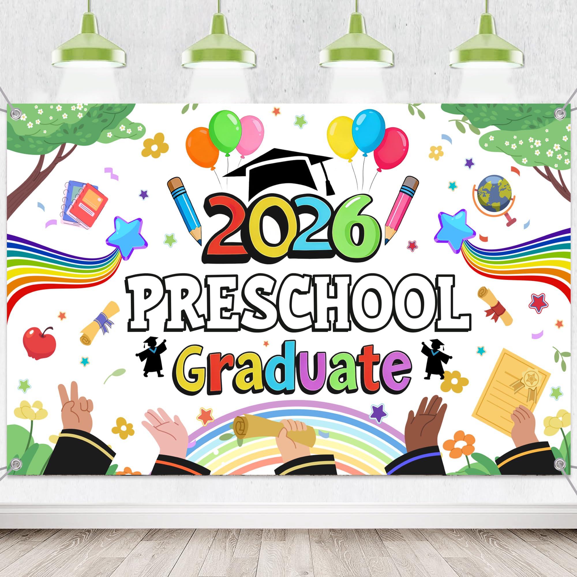 Preschool Graduation Banner Decorations 2026 - Kindergarten Graduation Backdrop for Class of 2026, Colorful Congrats Grad Party Photo Background 180 x 110 cm