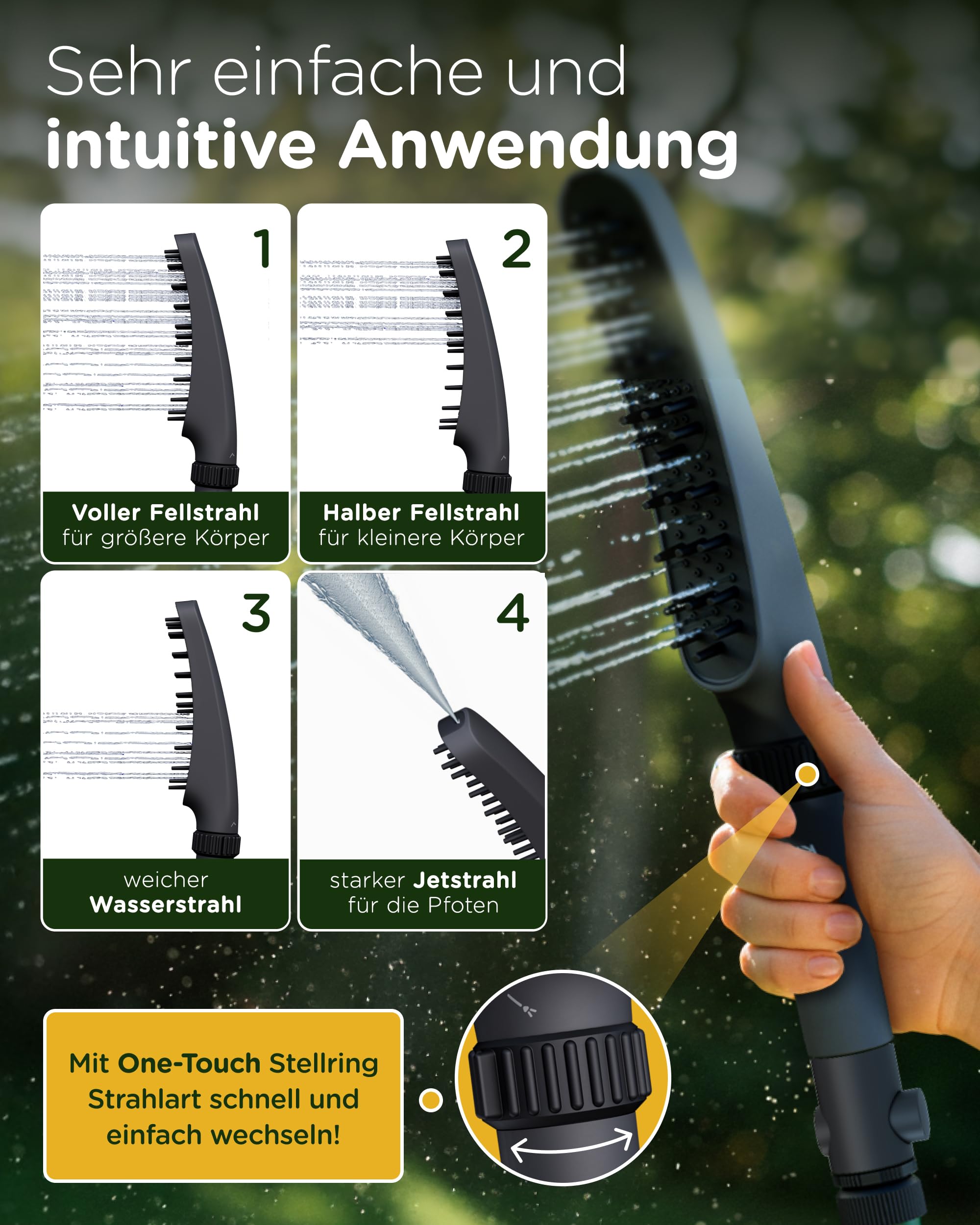 KUNTO® Hundebrausekopf inkl. Gartenschlauchadapter & Wasserstop - Hundedusche Duschkopf mit 79 Düsen, 4 Strahlarten & 30 Silikon-Massage-Borsten - Mobile Hunde-Duschbrause für drinnen & draußen