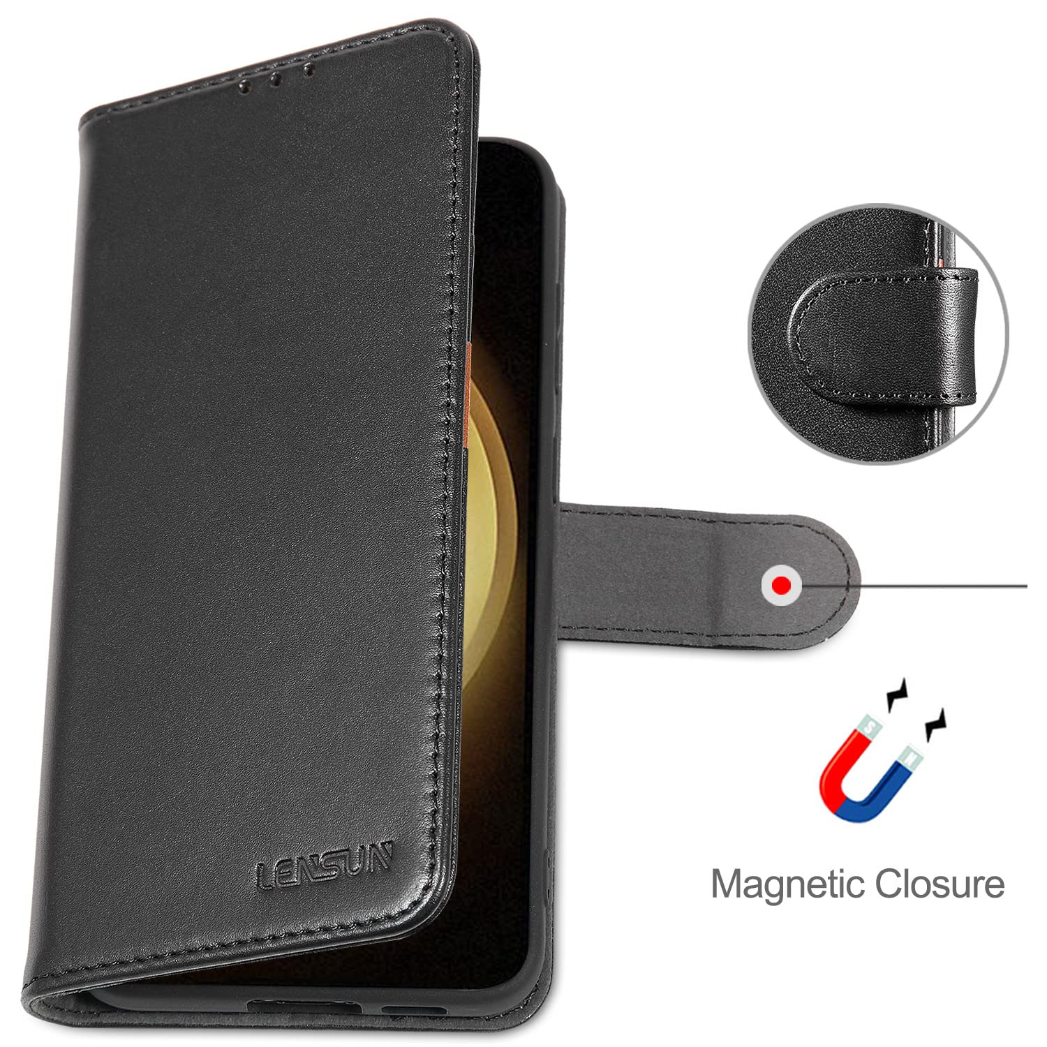 Lensun Cover per Samsung Galaxy S23 Plus 5G, Custodia in Vera Pelle [Supporto Stand] Libro con Portafoglio Chiusura Magnetico Flip Custodie Cuoio – Nero