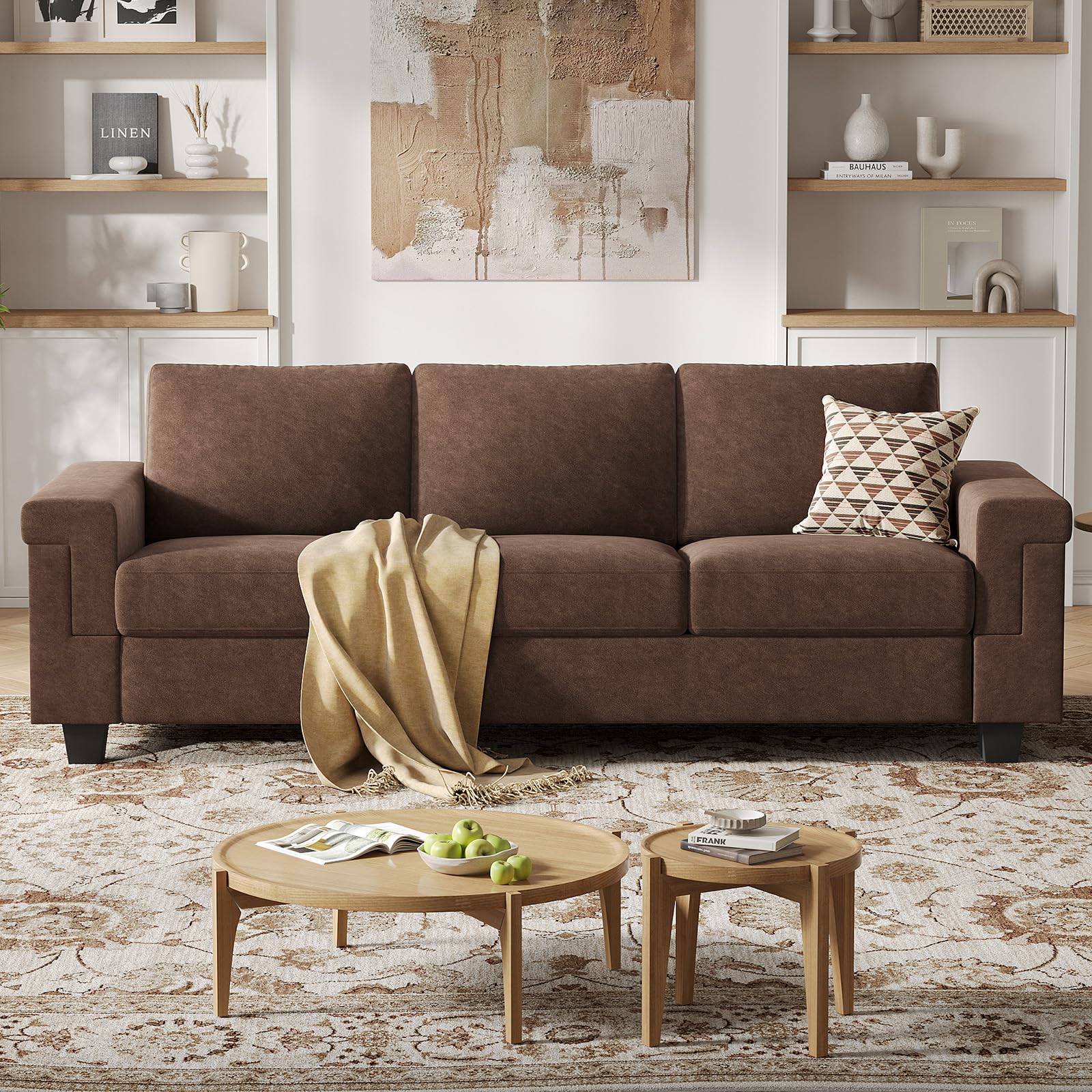 COPIAE 3 Seater Sofa Couch with Deep Seat, 90" Modern Upholstered Sofa with Armrests, Easy Installation, Comfy Couches for Living Room, Apartment,Dark