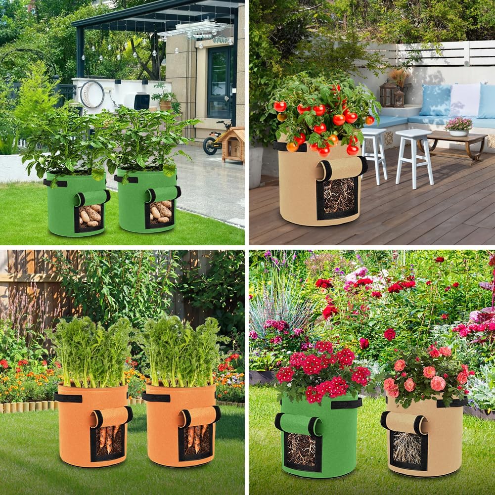 9 Pack 15 Gallon Potato Growing Bags, Colorful Garden Planting Bag with Handle and Harvest Window, Nonwoven Aeration Fabric Growing Bags with Flap for Tomatoes, Vegetables, and Fruits
