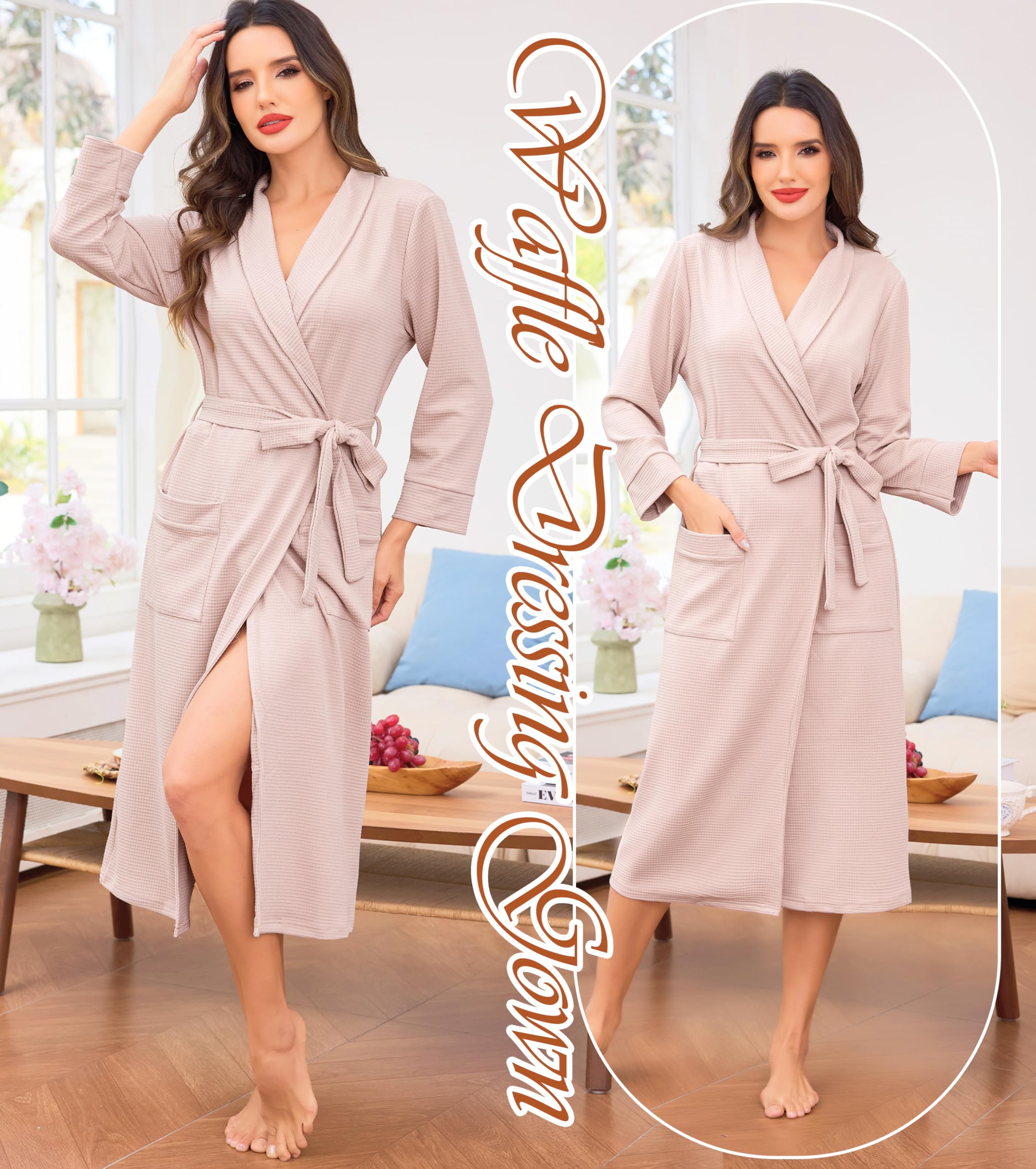 Vlazom Peignoir Femme en Coton Waffle Robe de Chambre Long à Col Revers avec Poches et Ceinture S-3XL