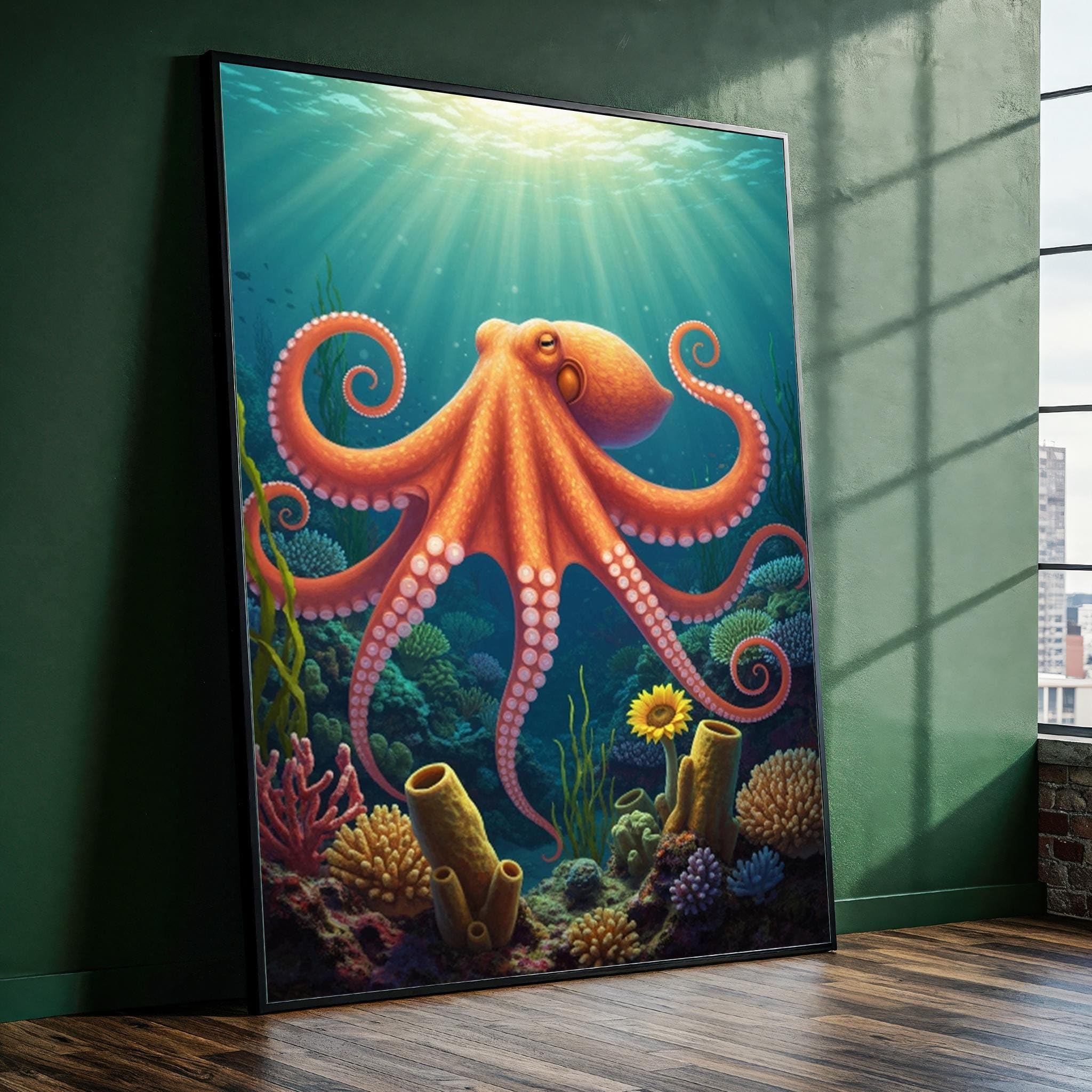 YUSUZHU Octopus Underwater Canvas Painting – Ready to Hang Wall Art for Bathroom – Colorful Ocean for Sea Life & Coastal Decor(21x30cm/Frameless)