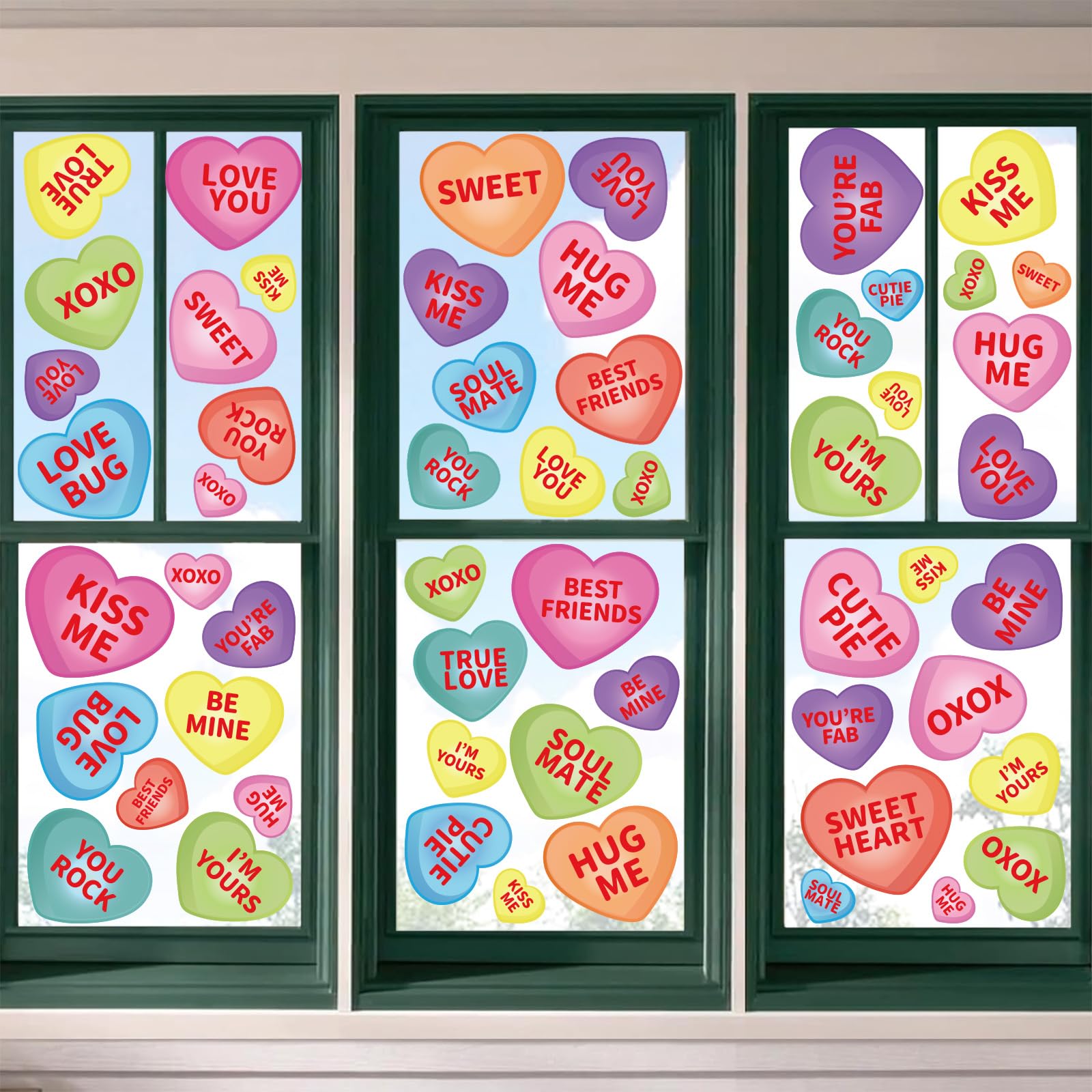 Whaline Valentine's Day Window Clings - 9 Sheets Conversation Heart Decor, 7.9 X 11.8 Inch