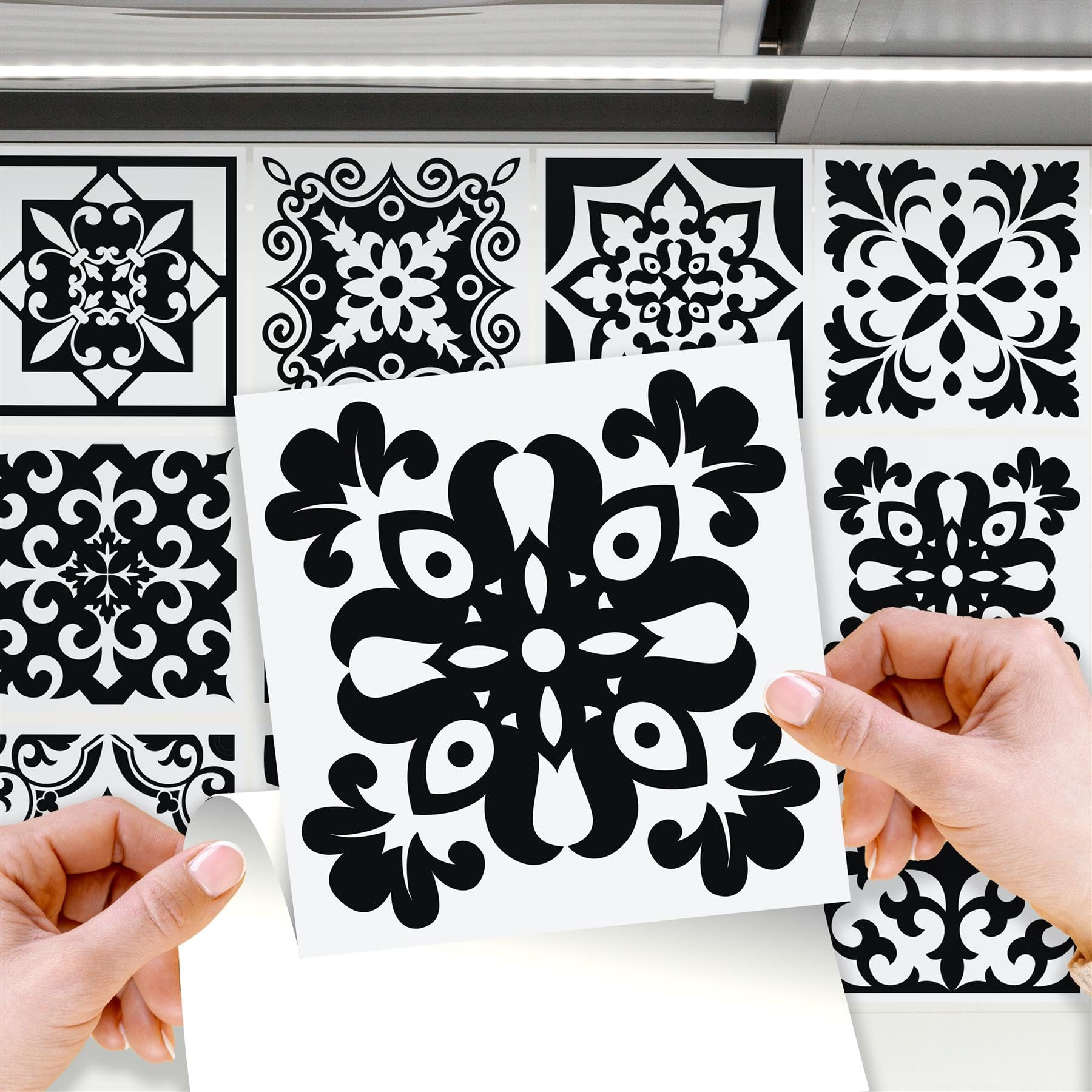 WALPLUS 48 Pcs 15cm(6") Tile Stickers Peel and Stick Backsplash Self-Adhesive Removeable Stick on Wall Vinyl Home Decoration DIY for Living Kitchen - Calli Black and White Mediterranean