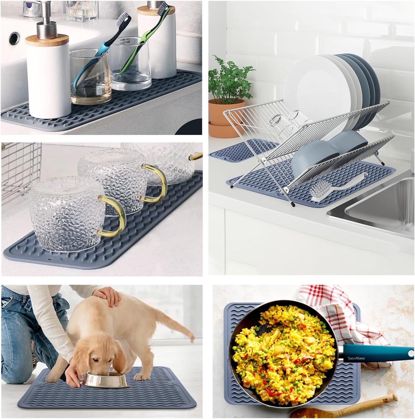 Silicone Dish Drying Mat - 2 Packs of Non-Slip Silicone Mat Easy Clean Drying Mat Large Heat-Resistant Dish Drainer Mat for Kitchen Counter, Sink, Refrigerator or Drawer Liner(16"x12", 12''x 6'' GREY)