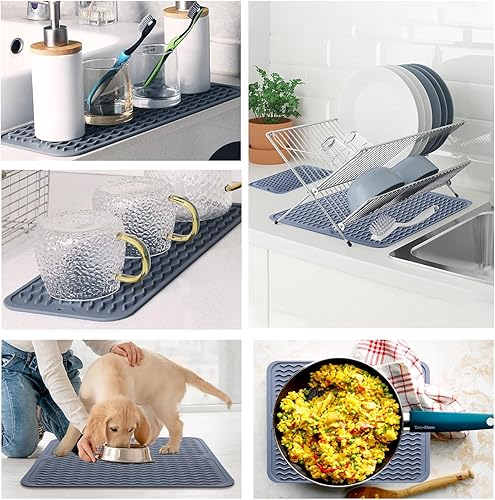 Miniatura 7 de Tapete de silicona para secar platos, 2 paquetes de tapete de silicona antideslizante, tapete de secado fácil de limpiar, tapete escurridor de