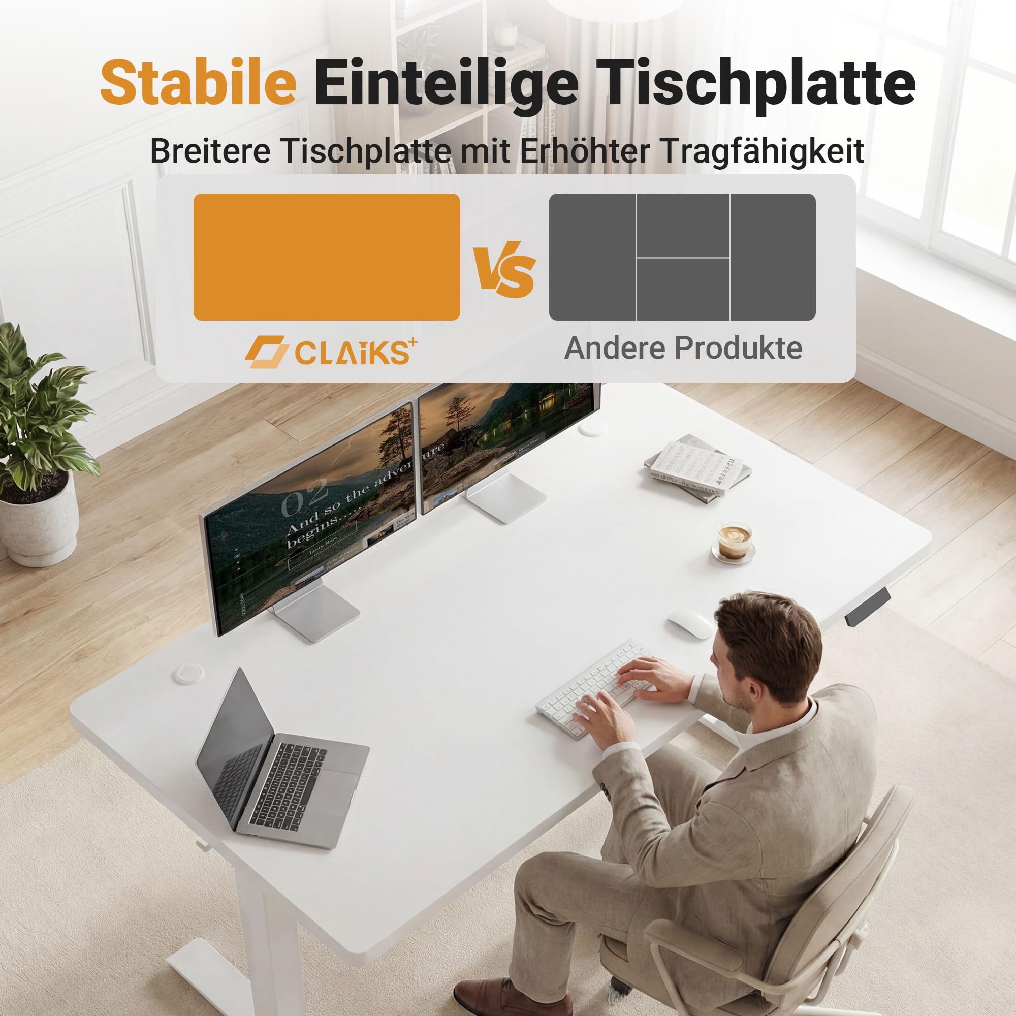Claiks Höhenverstellbarer Schreibtisch 160×75 cm, Mit 2 Elektrischen Motoren, 25mm Dicke Tischplatte, 130KG Tragkraft Schreibtisch Höhenverstellbar mit 3-Funktions-Memory & 4 Geräuscharme Rollen, Weiß