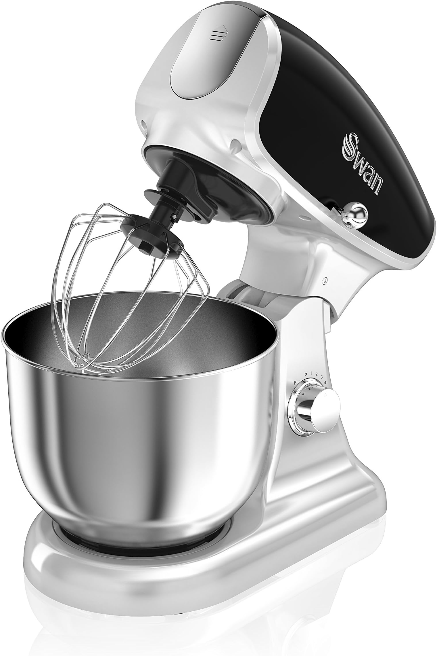 Swan SP33010BN Retro Die-Cast Stand Mixer, 4.5 Litre Stainless Steel Mixing Bowl, 1200 W, 8 Variable Speed Settings, Low noise, Black– Includes Splash Guard, Dough Hook, Beater & Whisk