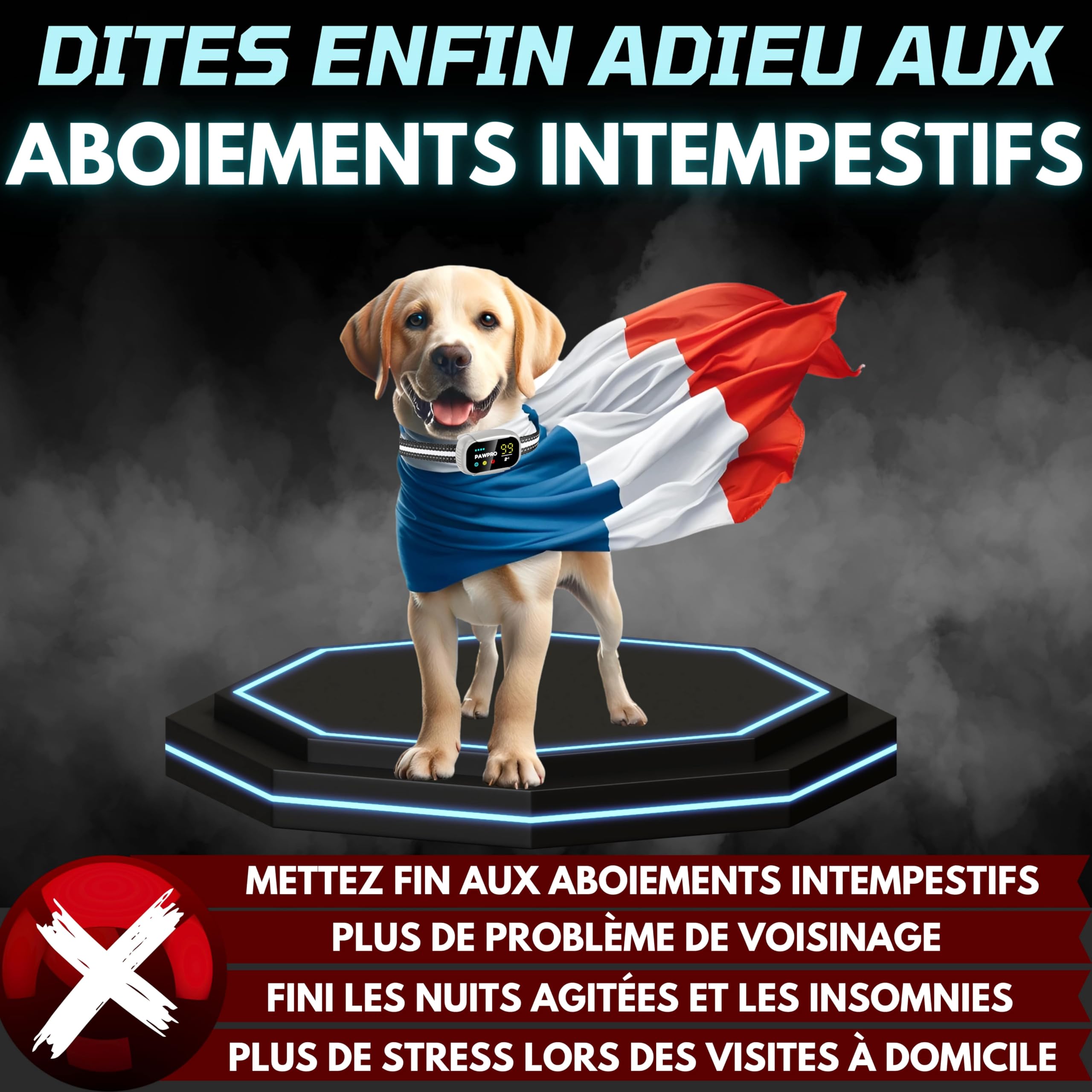 PAWPRO Collier Anti Aboiement pour Chiens, 4 Modes BIP Vibration Choc avec Suivi des Aboiements, Guide de Dressage Inclus, Automatique Rechargeable Étanche, Adapté à Tous Les Chiens, Marque Française