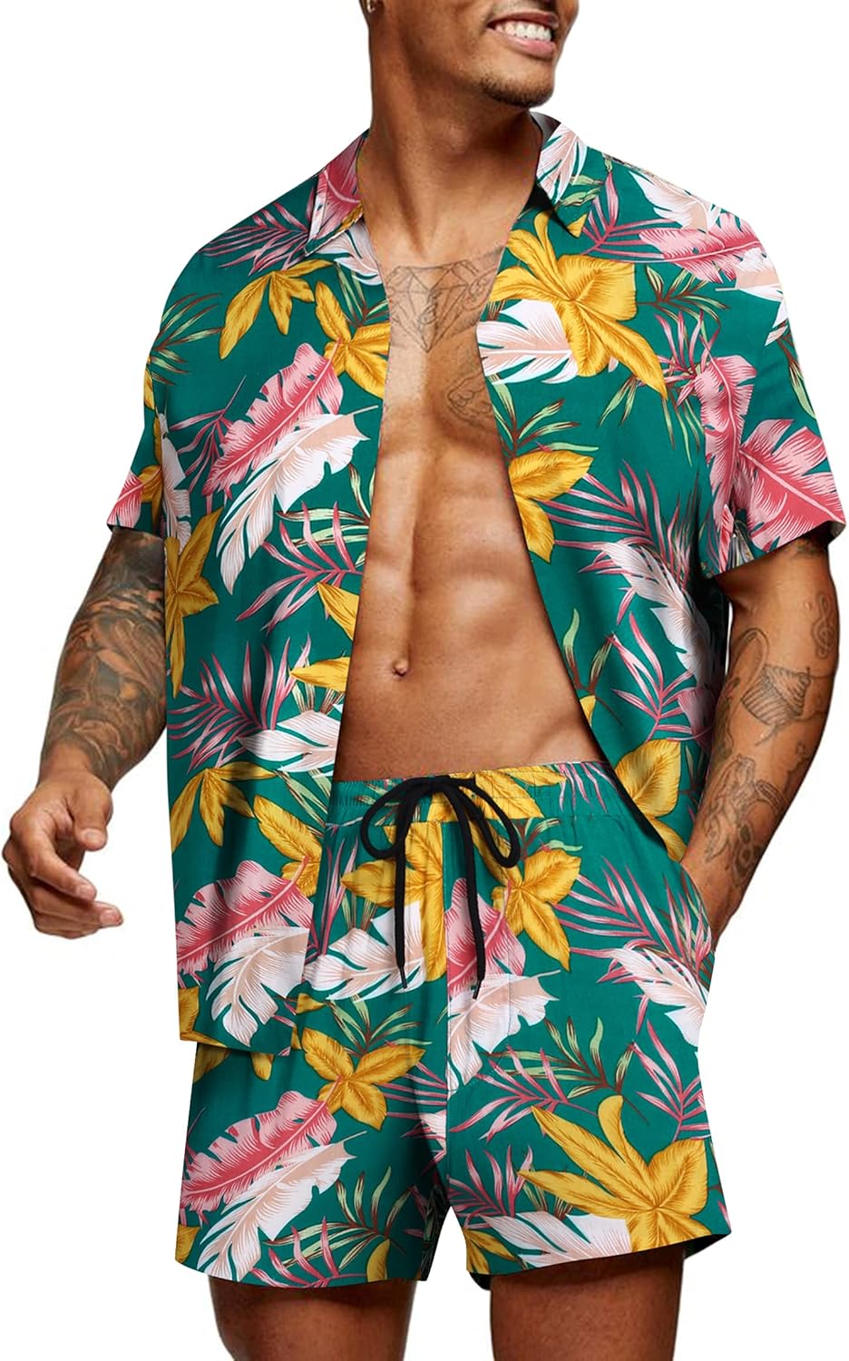 COOFANDY Men’s Hawaiian Matching Set Summer Tropical Beach Shirt 2 Piece Outfits Flower Button Down Shirts and Shorts