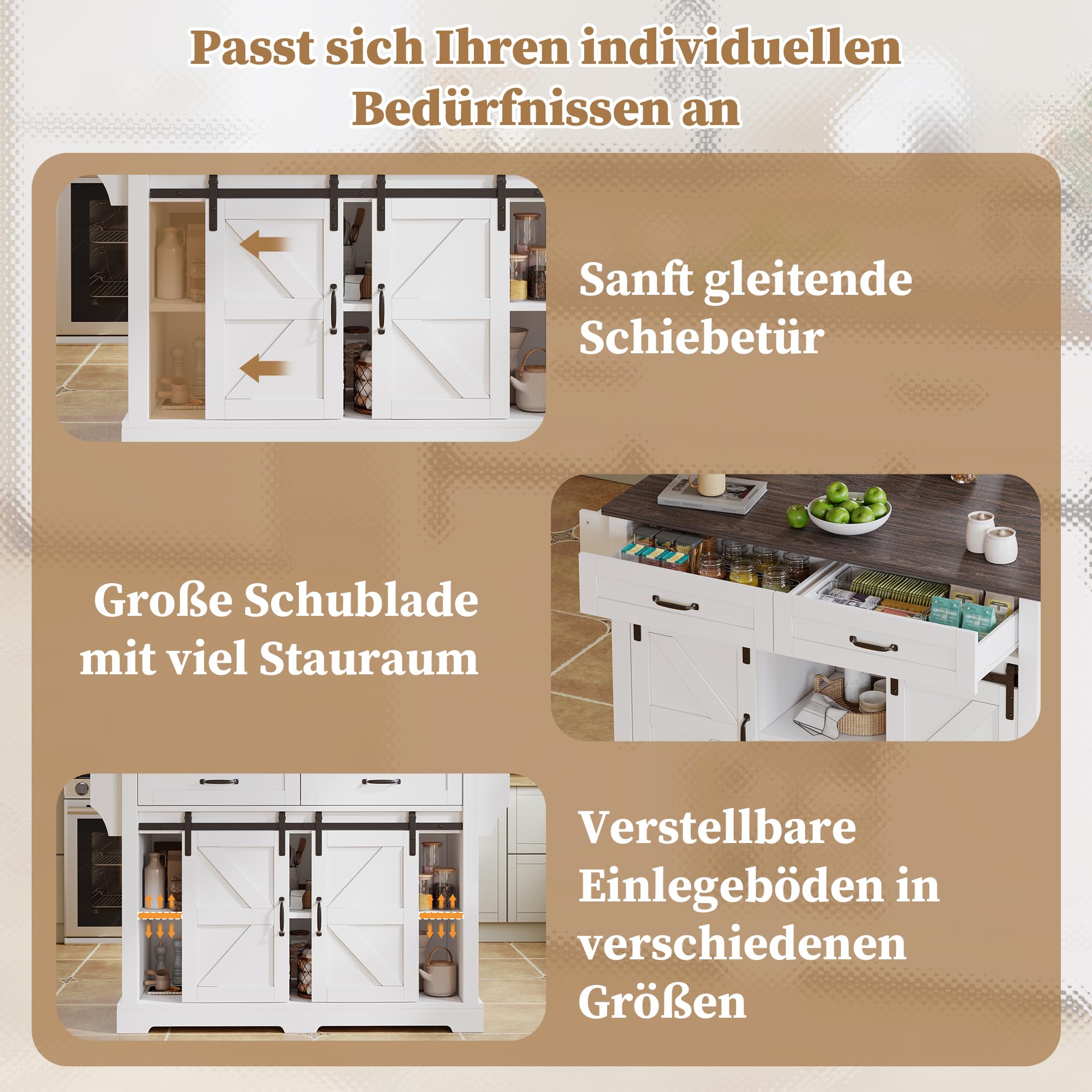 Wyspa kuchenna ze składanym blatem roboczym, wózek kuchenny na kółkach, 2 drzwi przesuwne, 2 szuflady, styl stodoły, brązowo-biały, MDF, 120 x 45 x 91 cm
