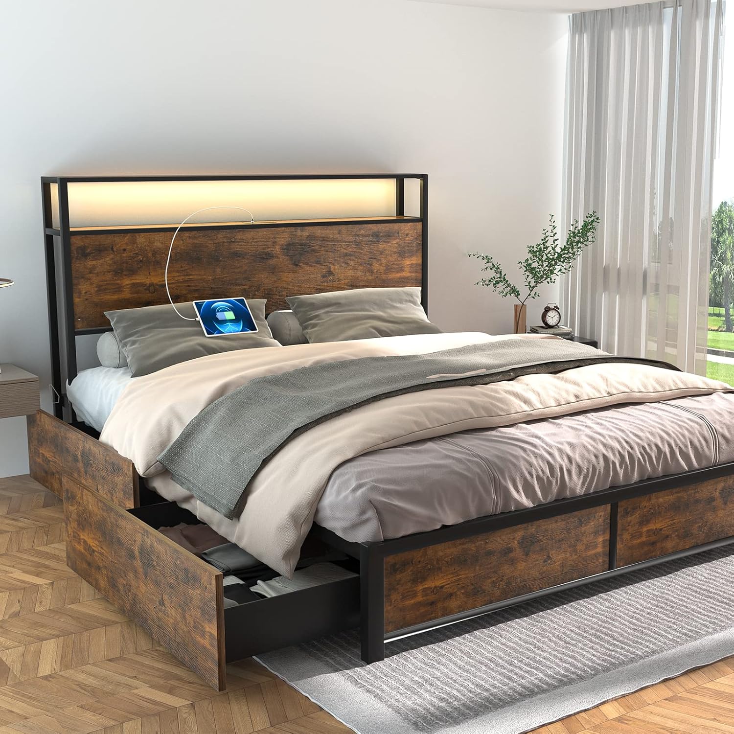 Gitua Full Size Bed Frame with Storage Drawers Led Lights