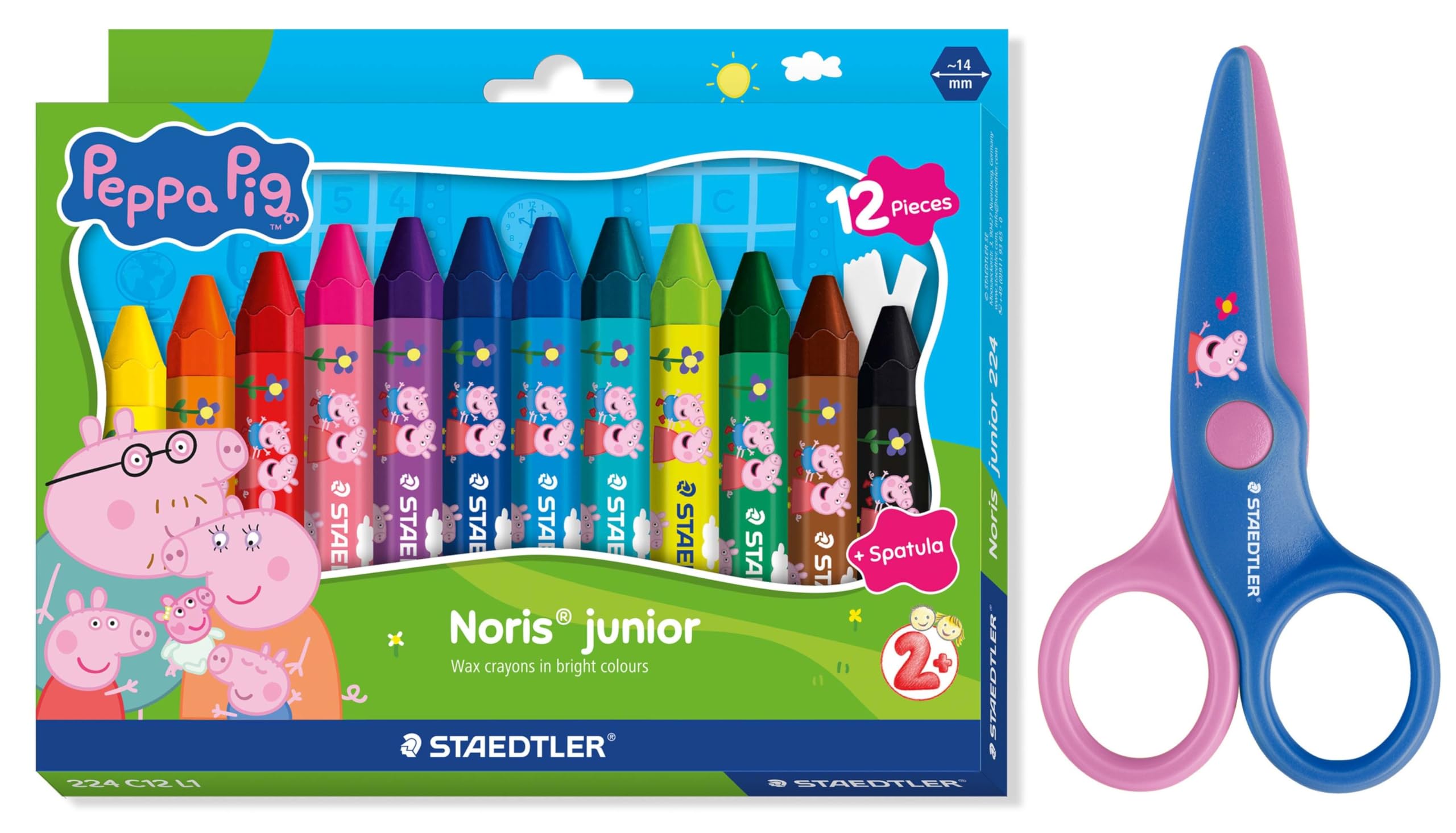 STAEDTLER Noris Junior Peppa Pig Set of 12 Jumbo Wax Crayons Set and Children's Scissors with Rounded Tips for First Craft Exercises