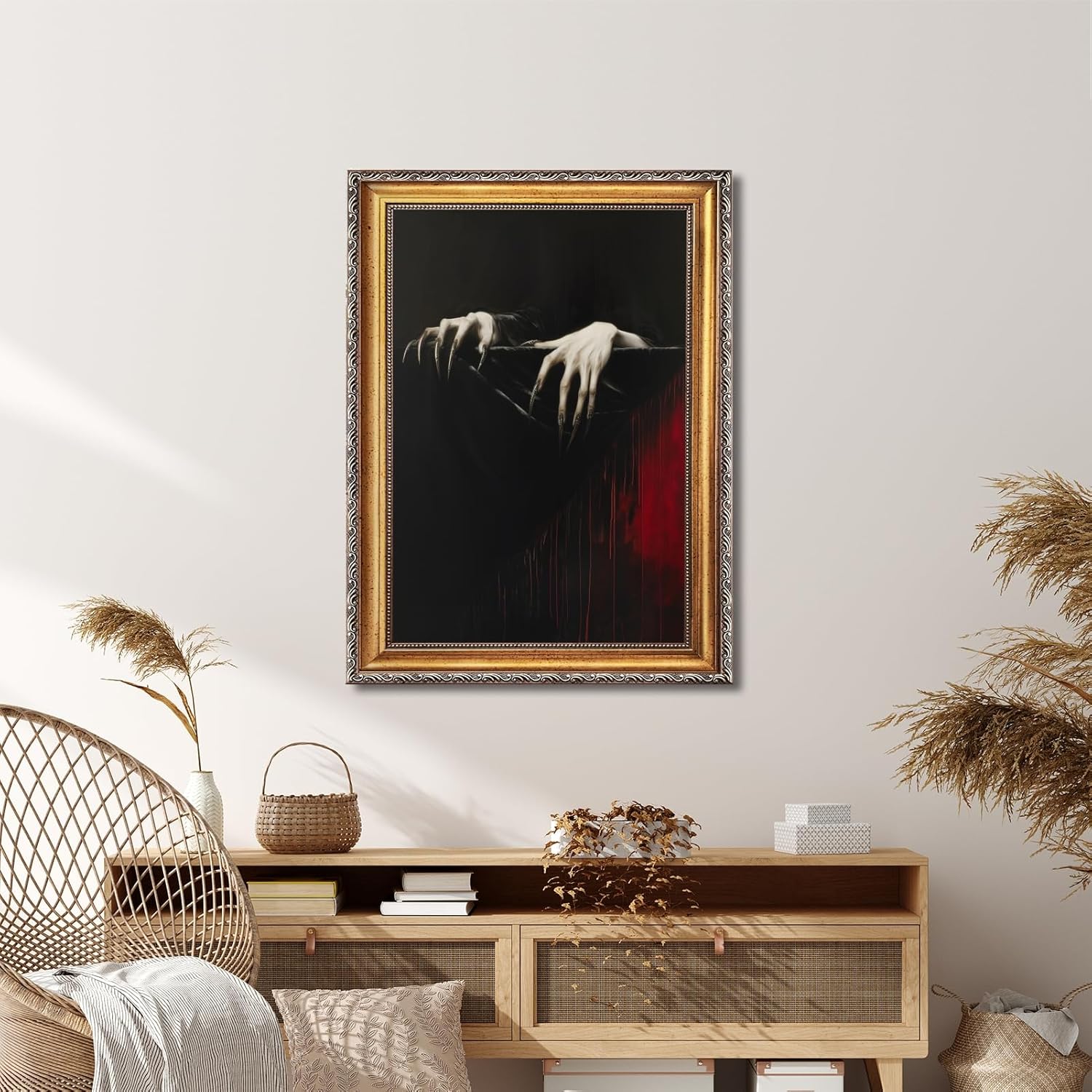 Gold Framed Wall Art Gothic Vampire Clawed Hands Canvas Print Dark Academia Horror Aesthetic Vintage Occult Poster Moody Witchy Fantasy Artwork Alternative Pictures for Bedroom Dorm 12x16inch