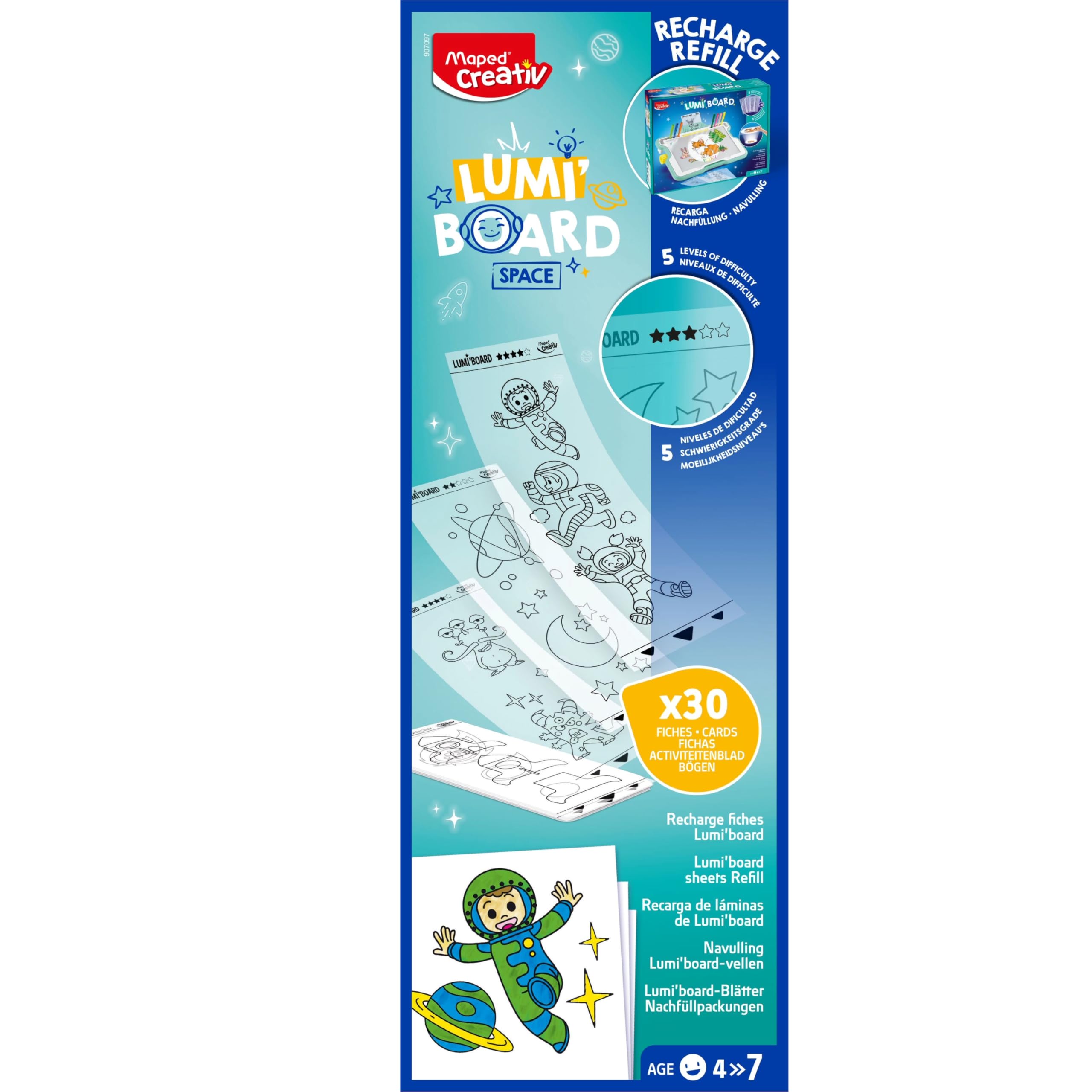 Maped CREATIV LUMI’BOARD Erweiterungs-Set Weltraum – 250 Vorlagen auf 30 Folien – Zubehör für LUMI’BOARD Lichtmaschine – Mal- und Zeichenmotive mit Astronauten, Raketen, Planeten & UFOs