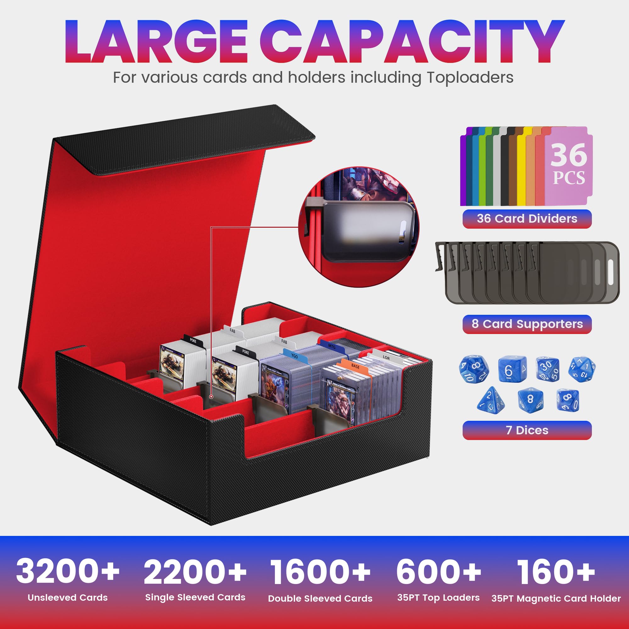 Boîte de rangement pour cartes à collectionner, 4 rangées MTG avec 36 séparateurs et 8 stoppeurs, étui Commander Deck pour Toploaders, porte-cartes magnétique, JCC, Yu-GiOh et cartes de sport