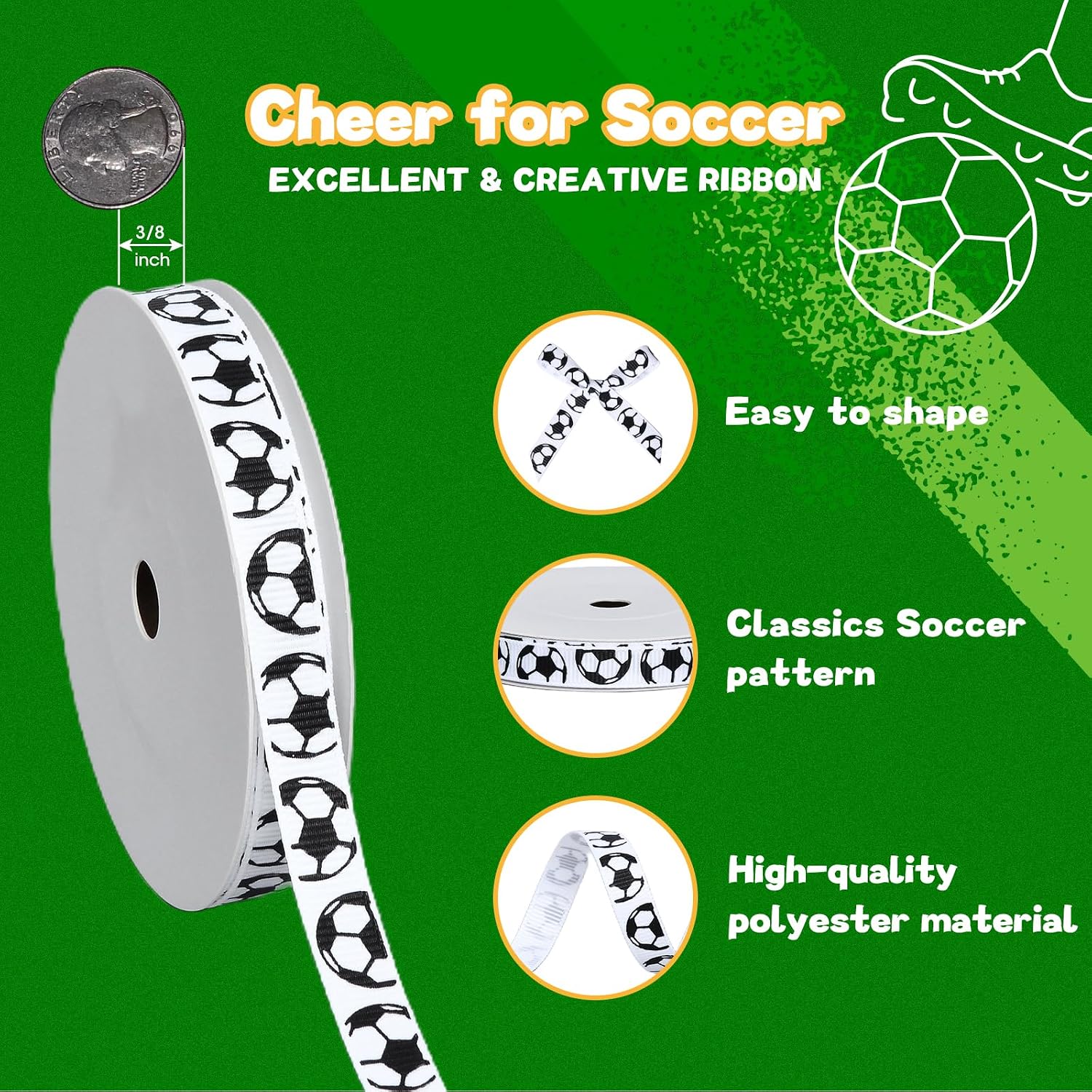 Ribest Soccer Ball Ribbon, 3/8 Inch Grosgrain Sports Ribbon for Crafts Hair Bows Gift Wrapping Team Decor Party Decorations, White and Black, 10 Yards