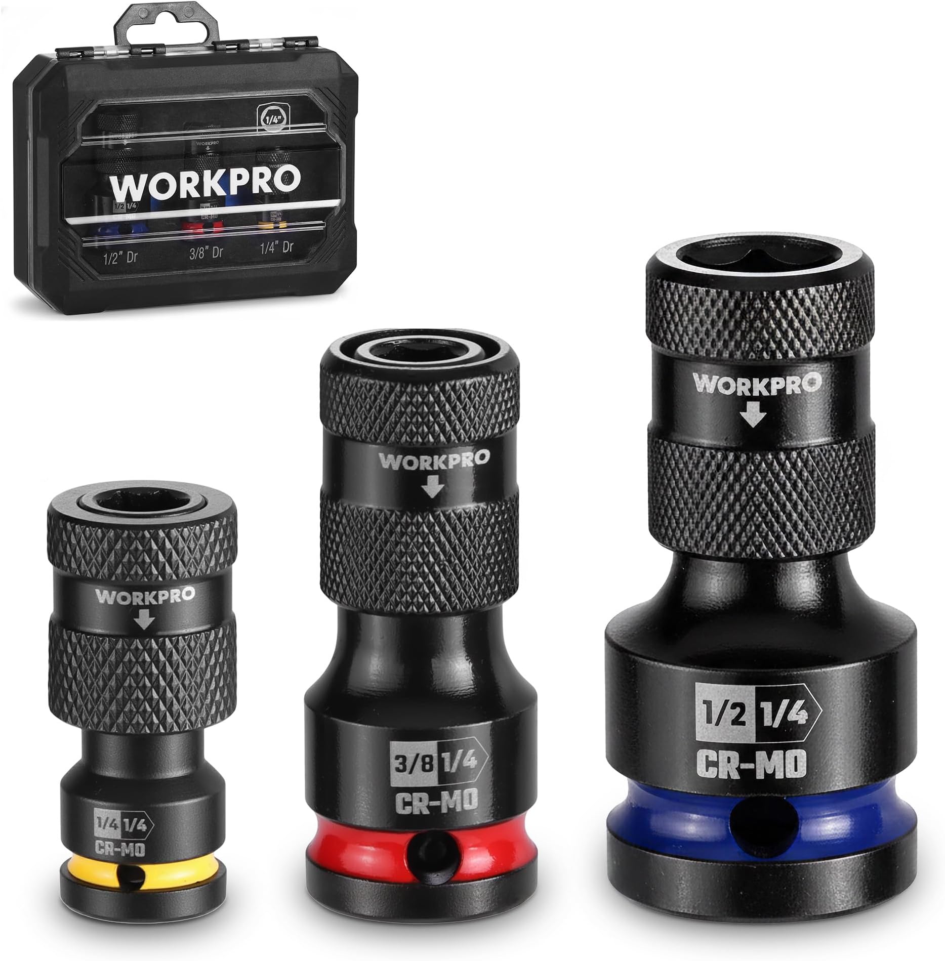 1/2-inch, 3/8-inch, and 1/4-inch Quick Release Hex Impact Socket Adapter Set and Bit Holders for Ratchet Wrenches, Drivers, Drills - Made from Durable CR-MO Steel