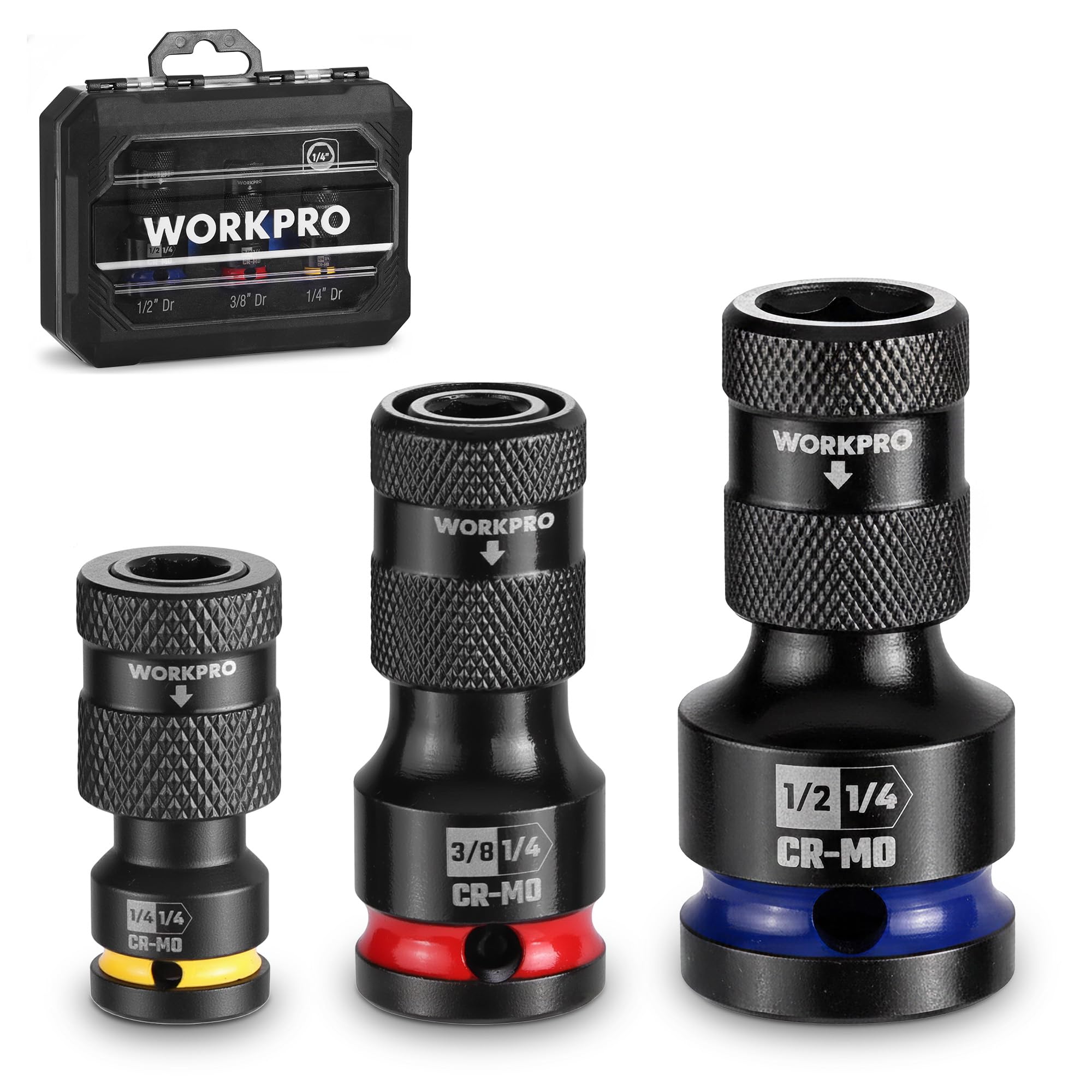 WORKPRO 1/2-inch, 3/8-inch, and 1/4-inch Quick Release Hex Impact Socket Adapter Set and Bit Holders for Ratchet Wrenches, Drivers, Drills - Made from