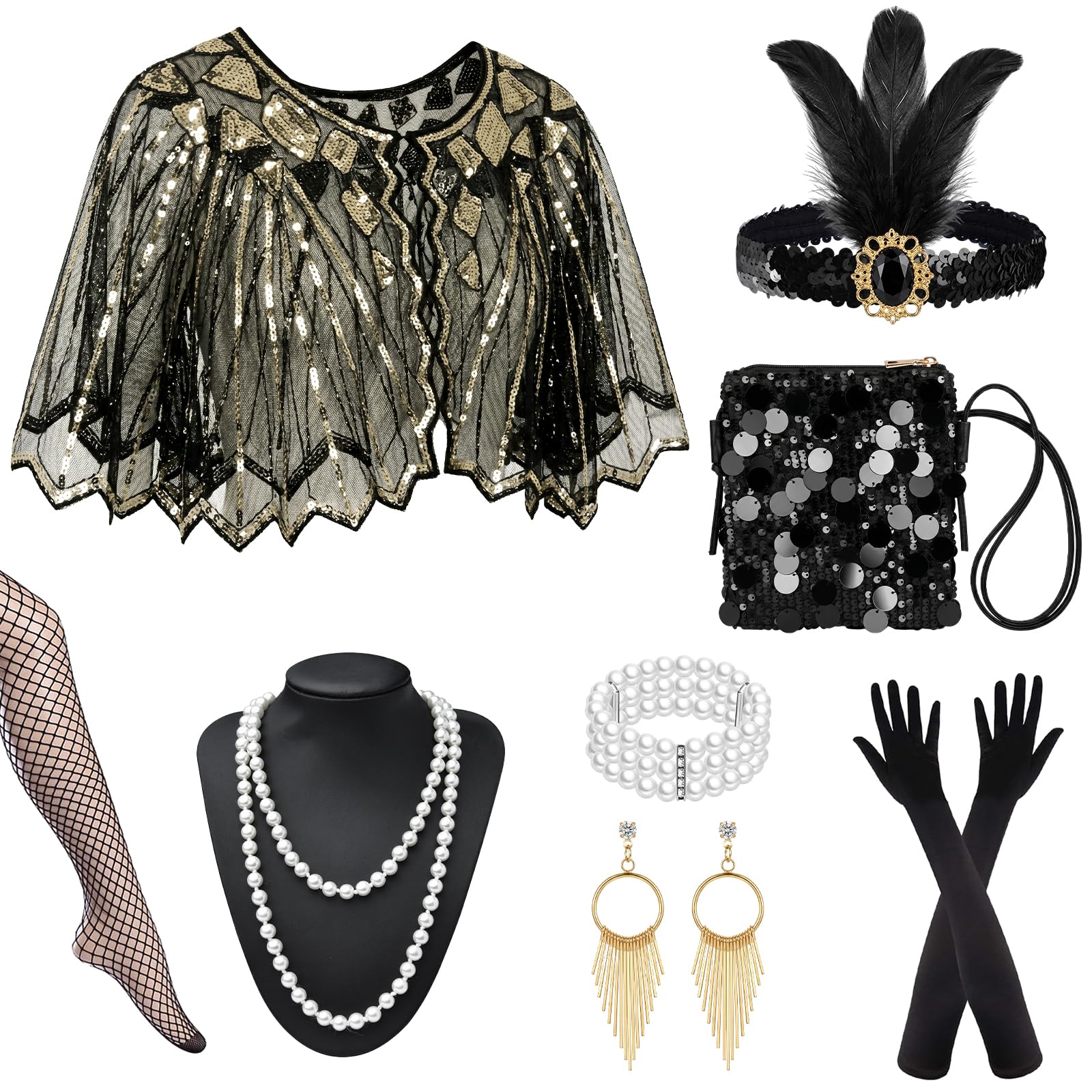 GLGHMH 1920s Flapper Accessories Set Vintage Roaring Twenties Fancy Dress Outfit Beaded Shawl Sequin Handbag for Women
