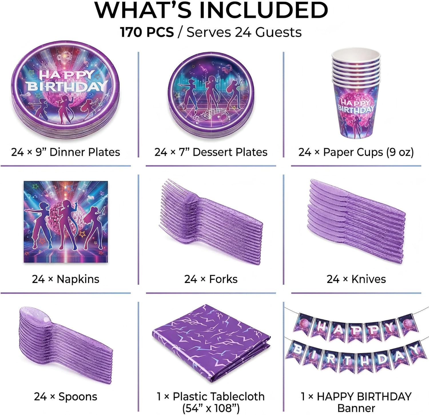170 Pcs Demon Movie Hunters Birthday Party Supplies for 24 Guests, KPop Inspired Disco Dance Music Theme Party Decorations with Banner, Plates, Napkins, Cups, Tablecloth & Cutlery