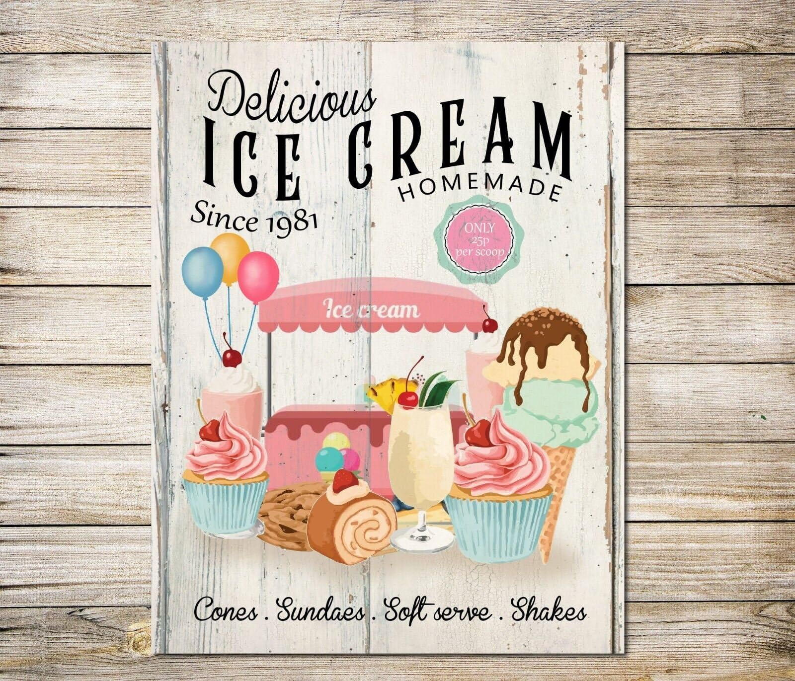 Old Fashioned Ice Cream Sign Vintage Style Large Funfair Wall Decor Metal Plaque