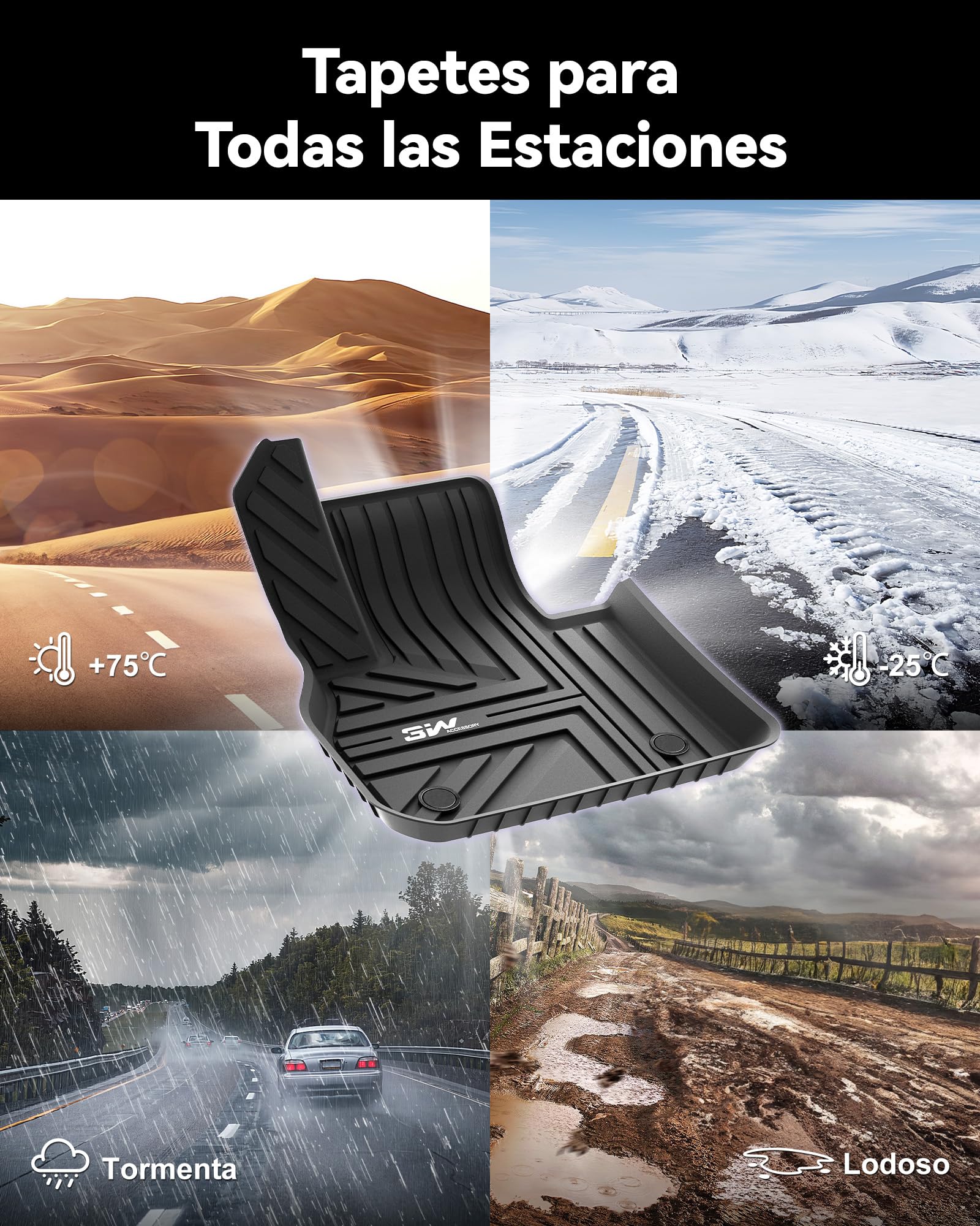 3W Alfombrillas de Coche y Maletero para Mini Countryman F60 2017-2024, TPE Alfombrillas para Todo Tipo de Clima para Mini Countryman la 1ª y 2ª Fila Juego Completo, Admite Perros, Accesorios, Negro