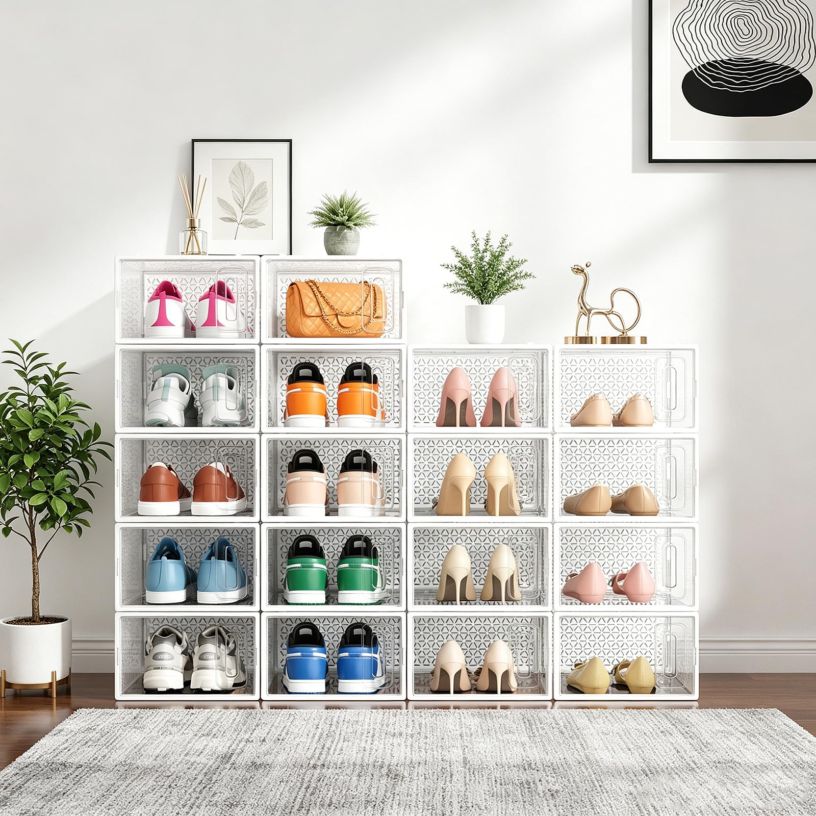 12er Set Schuhboxen stapelbar transparent, faltbare Schuh-Organizer