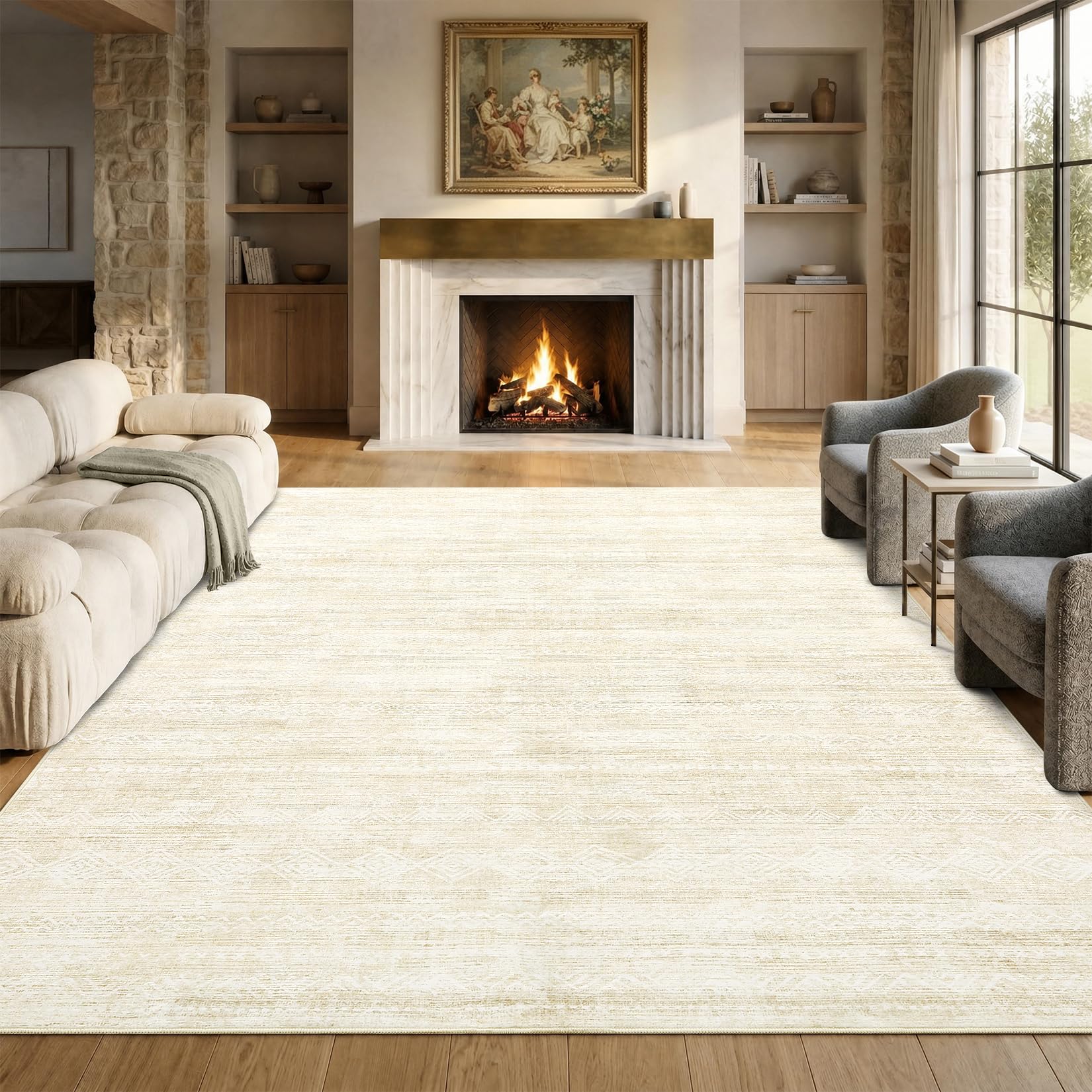 FairyStyle Boho Geometric Striped Beige 200 x 300 cm Washable Extra Large Area Rug, Faux Wool Low-Pile Non-Slip Carpet with TPR Backing for Lounge, Dining Room, Bedroom and Playroom — image 1