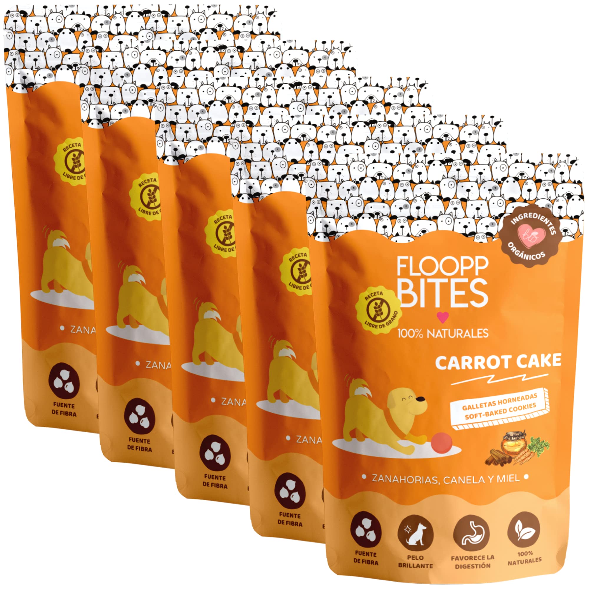 FlooppBITES Chuches para perros - Snacks para perro - Galletas perro 100% Naturales - Premios y golosinas - Alimento complementario perros - Carrot Cake x 5 Pack (Total 500gr.)