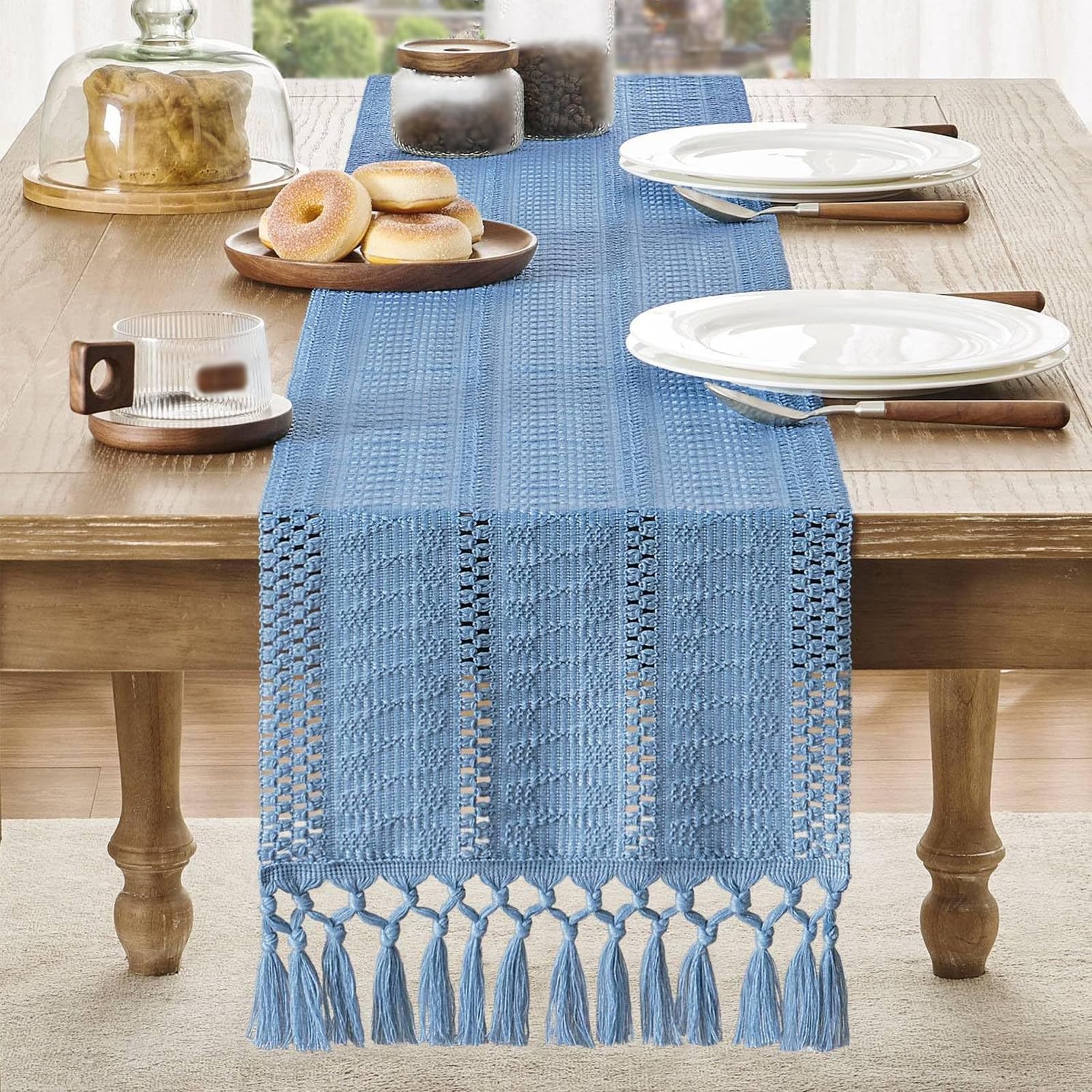 Chemin de table rustique en lin avec pampilles brodées de style bohème pour décoration de fête, mariage, anniversaire, vert (30 x 300 cm)