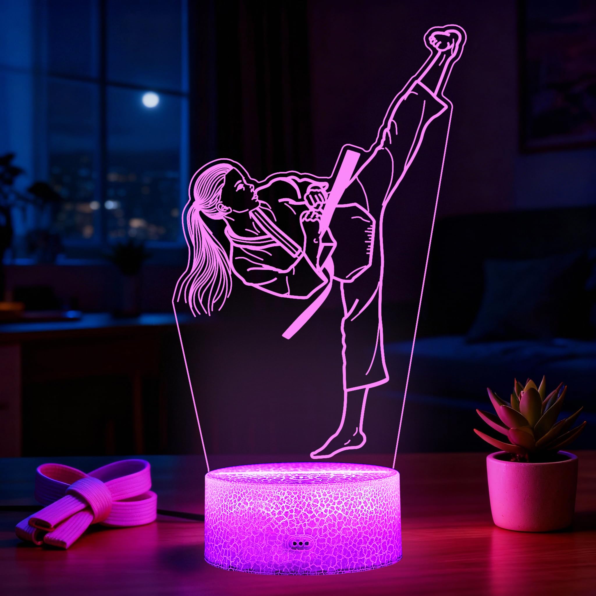 POSSHE Karate Girl Night Light, Karate Gifts, Taekwondo 3D Illusion Lamp with 16 Colors Changing, Timer, 4 Flash Modes and Dimmable, Kids Girls Room Decoration, Holiday Xmas Gifts