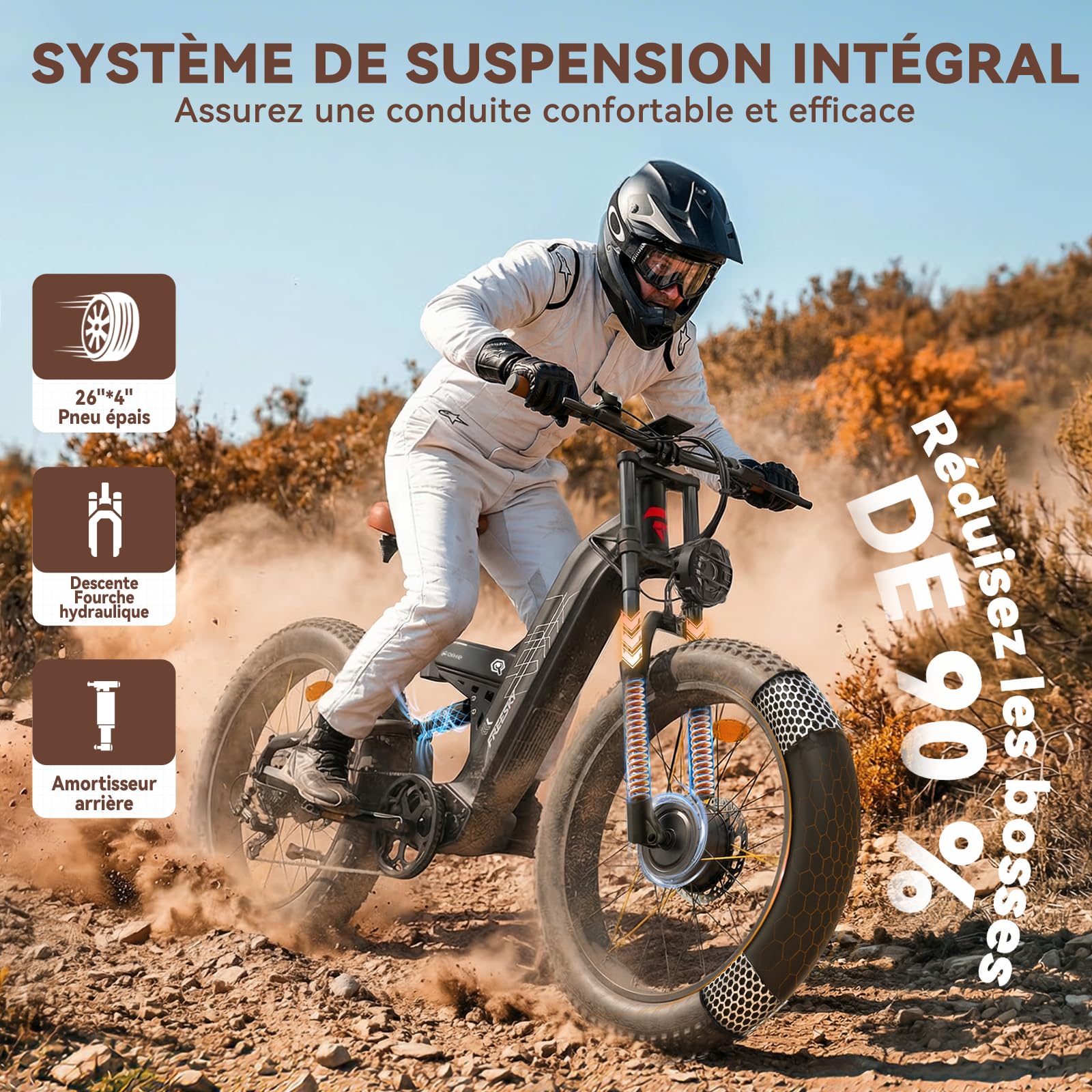 FREESKY 2026 Warrior Pro Vélo électrique Double Moteur 48V 30Ah Samsung Batterie Amovible VTT électrique Adulte 26" Suspension Intégrale 100-190km Autonomie Écran LCD 7 Vitesses