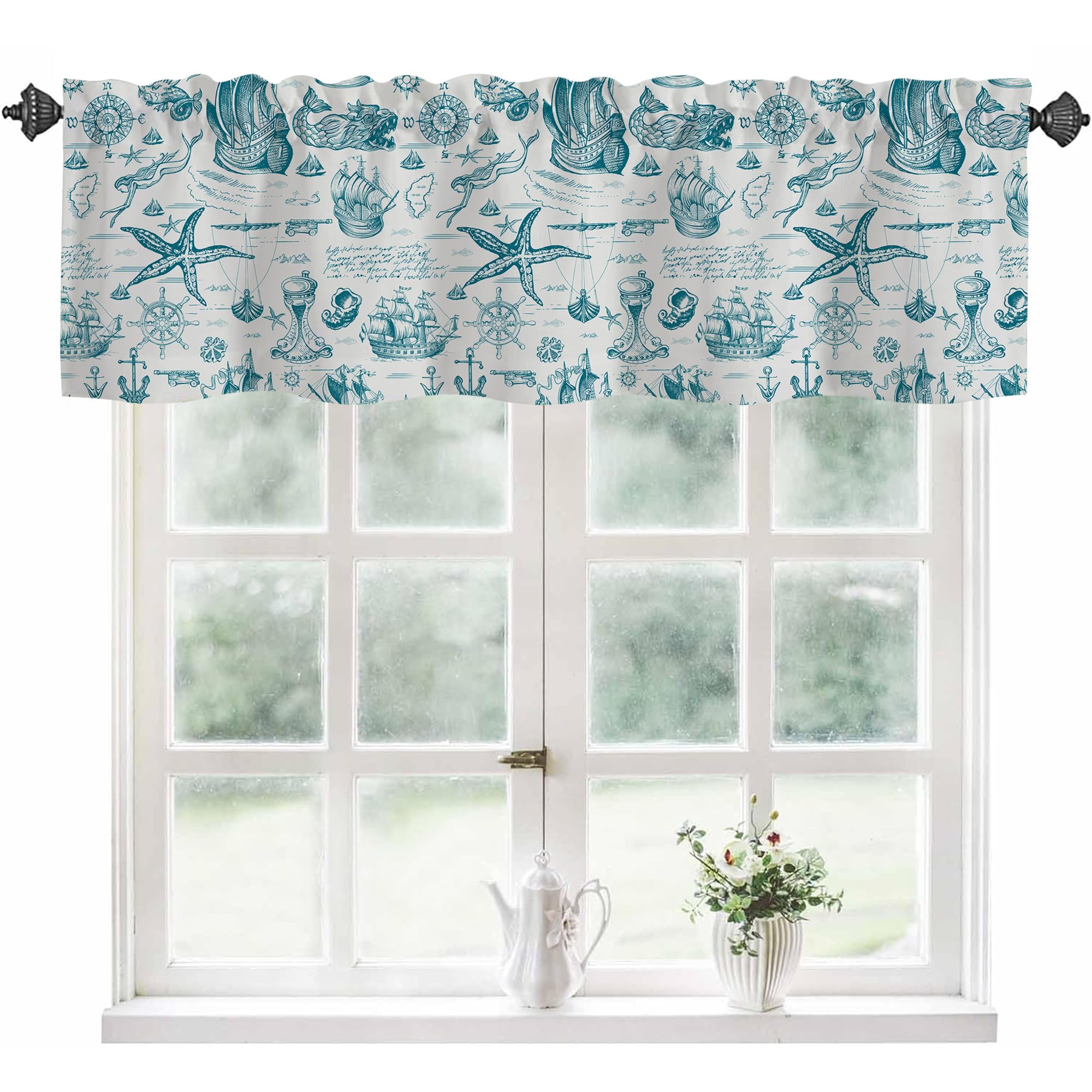 Curtain Valances for Windows,Blue Nautical Adventure Semi Sheer Valance Curtains,Starfish Ships and Anchors Window Valance Curtains,Short Rod Pocket Window Treatment for Kitchen Living Room 54"x18"