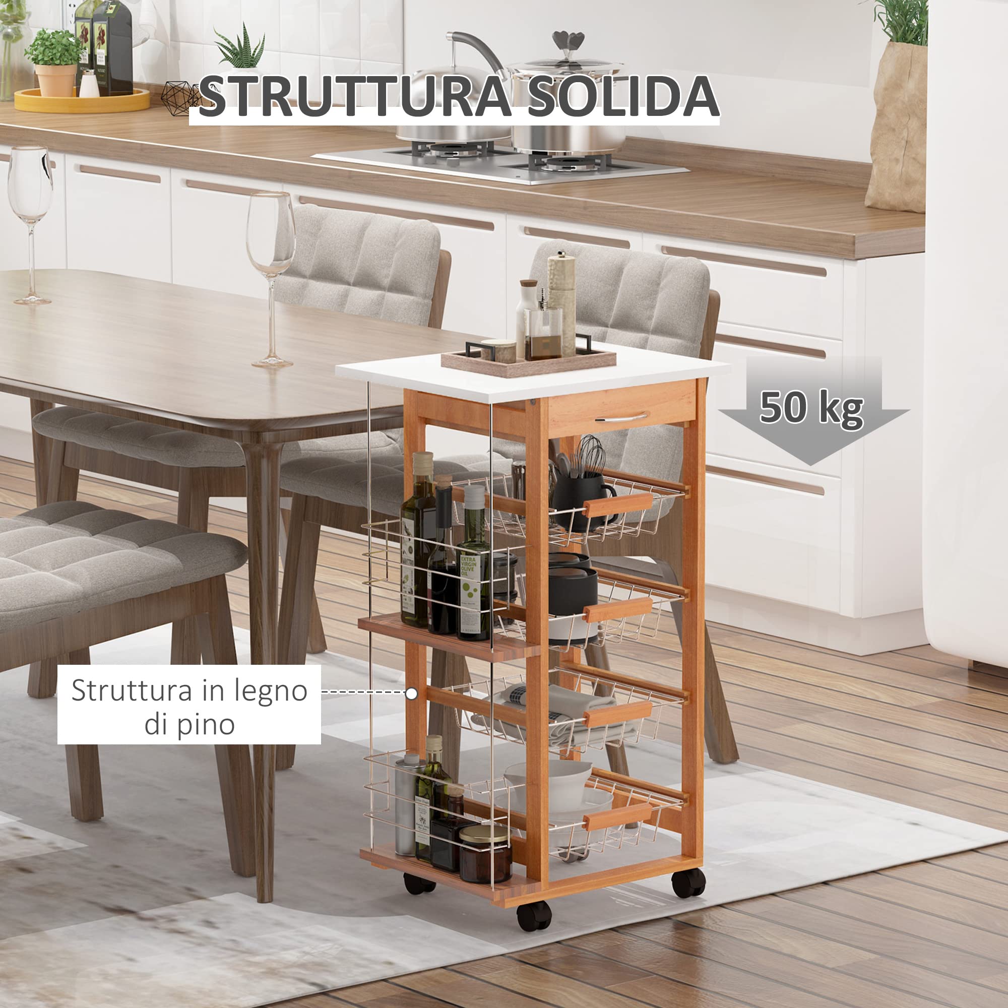 HOMCOM Carrello da Cucina Salvaspazio in Legno Marrone, Portavivande con 1 Piano di Lavoro 1 Cassetto e 4 Cestelli Metallici, 47x37x83cm