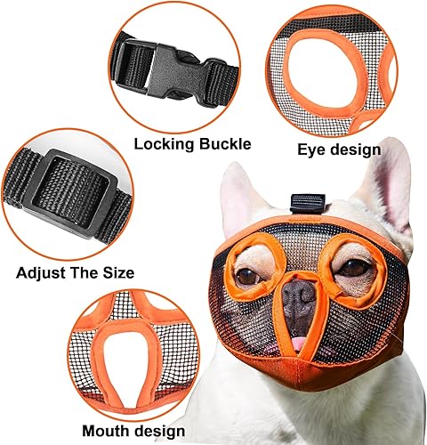 Miniatura 13 de Bozal para perro de hocico corto - Bozal ajustable transpirable de redecilla para bulldog para morder, masticar, lamer, entrenamiento, aseo de perro