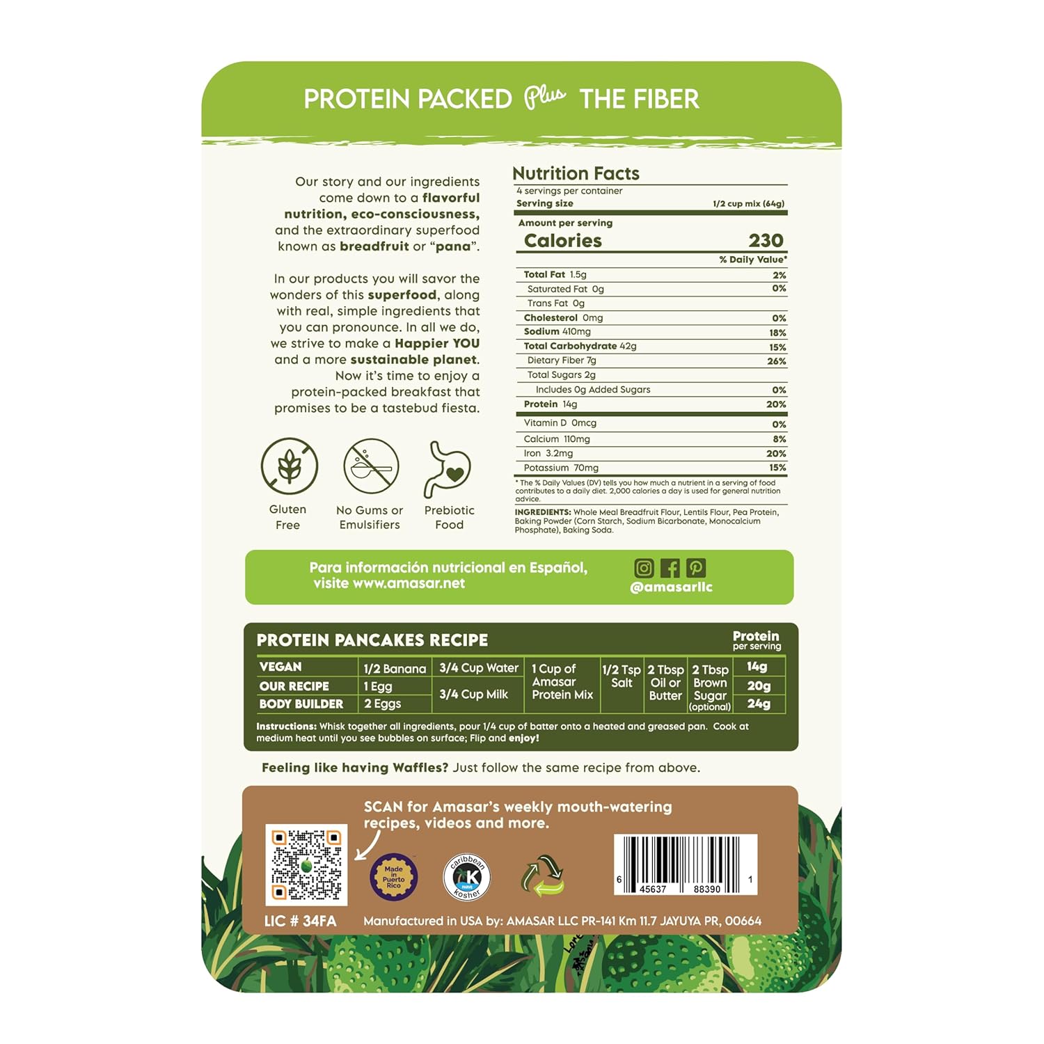 Amasar High Protein Pancake & Waffle Mix (Breadfruit-Based) 9 oz (3pk)