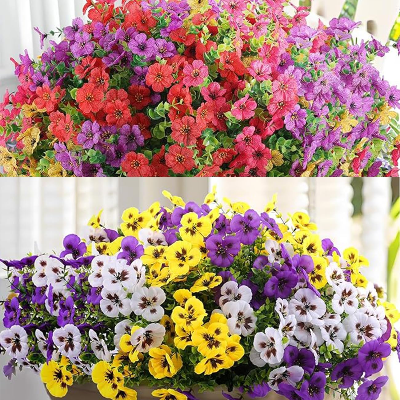 Rowfad 36 Pcs Artificial Flowers for Outdoors, Faux Silk Pansies Spring Flowers for Outside for Planter Front Door Porch Yard Patio Window Box Home Decor