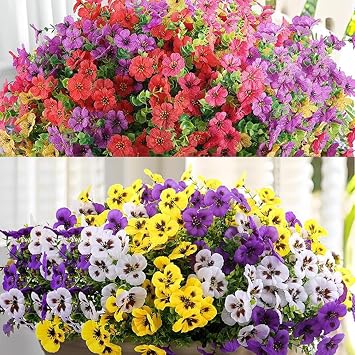 Rowfad 36 Pcs Artificial Flowers for Outdoors, Faux Silk Pansies Spring Flowers for Outside for Planter Front Door Porch Yard Patio Window Box Home Decor